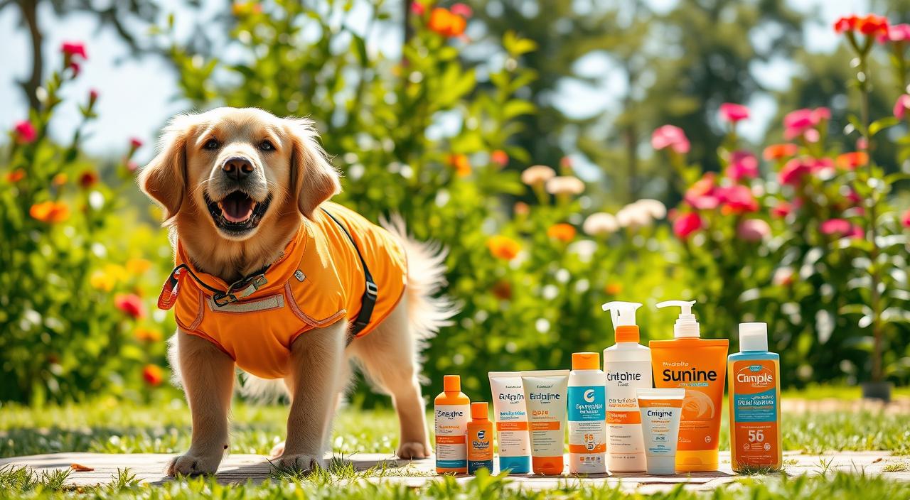 A bright, sun-dappled scene of a playful golden retriever wearing a lightweight, breathable dog sunsuit. The suit has a high-collared design with built-in UV protection, reflective trim for visibility, and adjustable straps for a snug, comfortable fit. In the middle ground, a variety of dog-safe sunscreen and grooming products are neatly arranged. The background features a lush, verdant garden with vibrant flowers, creating a serene, peaceful atmosphere. The lighting is soft and warm, with gentle shadows adding depth and dimension to the image. Captured with a wide-angle lens to showcase the full scene in crisp, high-resolution 8K HDR quality.