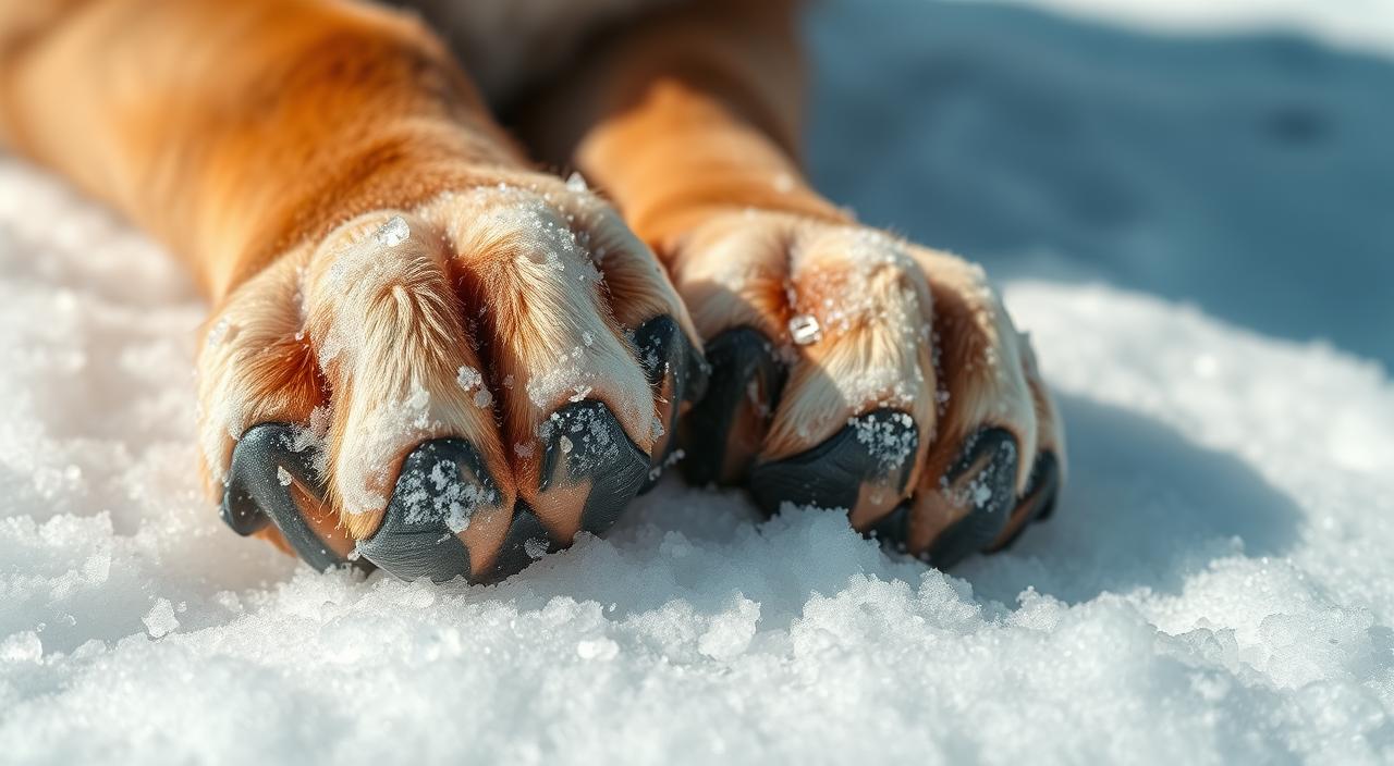 A close-up, high-resolution photograph of dog paw pads in winter conditions. The paws are resting on a snowy surface, with a light dusting of snow and ice crystals visible. The pads are prominently featured, showcasing their unique texture and cushioned structure. Subtle shadows highlight the paw's contours, and the lighting is soft and diffused, creating a serene, winter-themed atmosphere. The image is captured with a macro lens, allowing for exceptional detail and clarity, and is presented in 8K HDR for maximum visual impact.