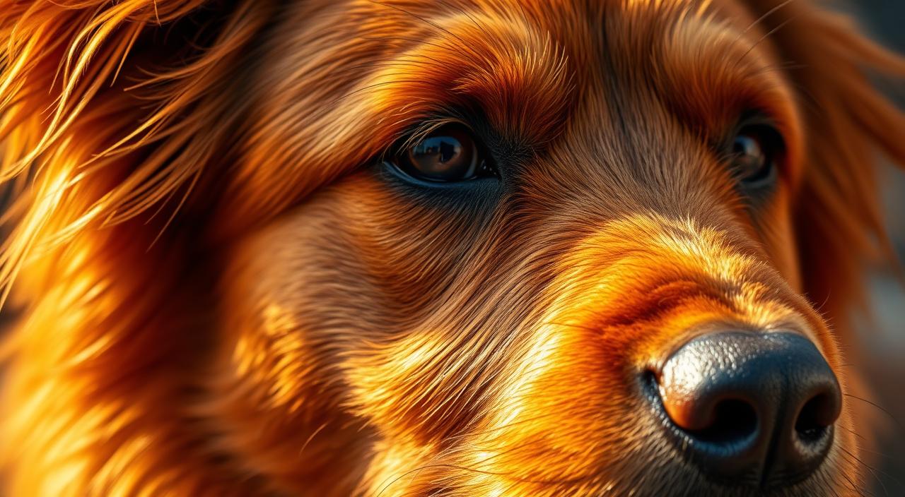 A close-up of a dog's lush, lustrous coat in vibrant, saturated hues. The individual strands of fur are rendered in striking detail, each one catching the warm, golden light that bathes the scene. The texture of the coat is velvety and plush, inviting the viewer to reach out and stroke the soft, silky fibers. The dog's skin appears healthy and supple, with a healthy glow that radiates from within. The overall composition is intimate and immersive, drawing the viewer's attention to the beauty and vitality of the dog's well-groomed and well-cared-for coat. 8k in HDR.