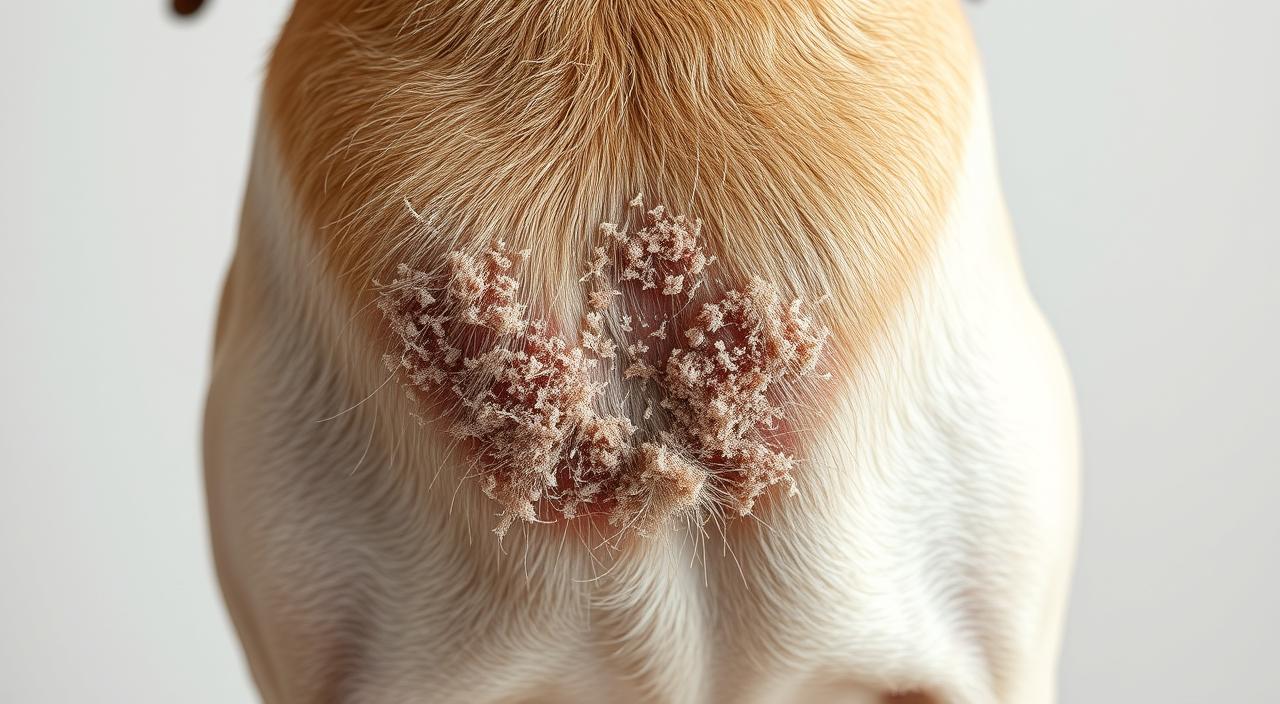A close-up of a dog's skin, displaying visible flakes of dandruff against a neutral background. The skin texture is prominently featured, showcasing the irritation and dryness indicative of a persistent skin condition. The lighting is soft and even, casting gentle shadows to highlight the contours of the skin. The composition places the affected area in the center, capturing the details necessary for a veterinary evaluation. The overall mood is clinical yet empathetic, conveying the need for professional medical attention to address the dog's discomfort.
