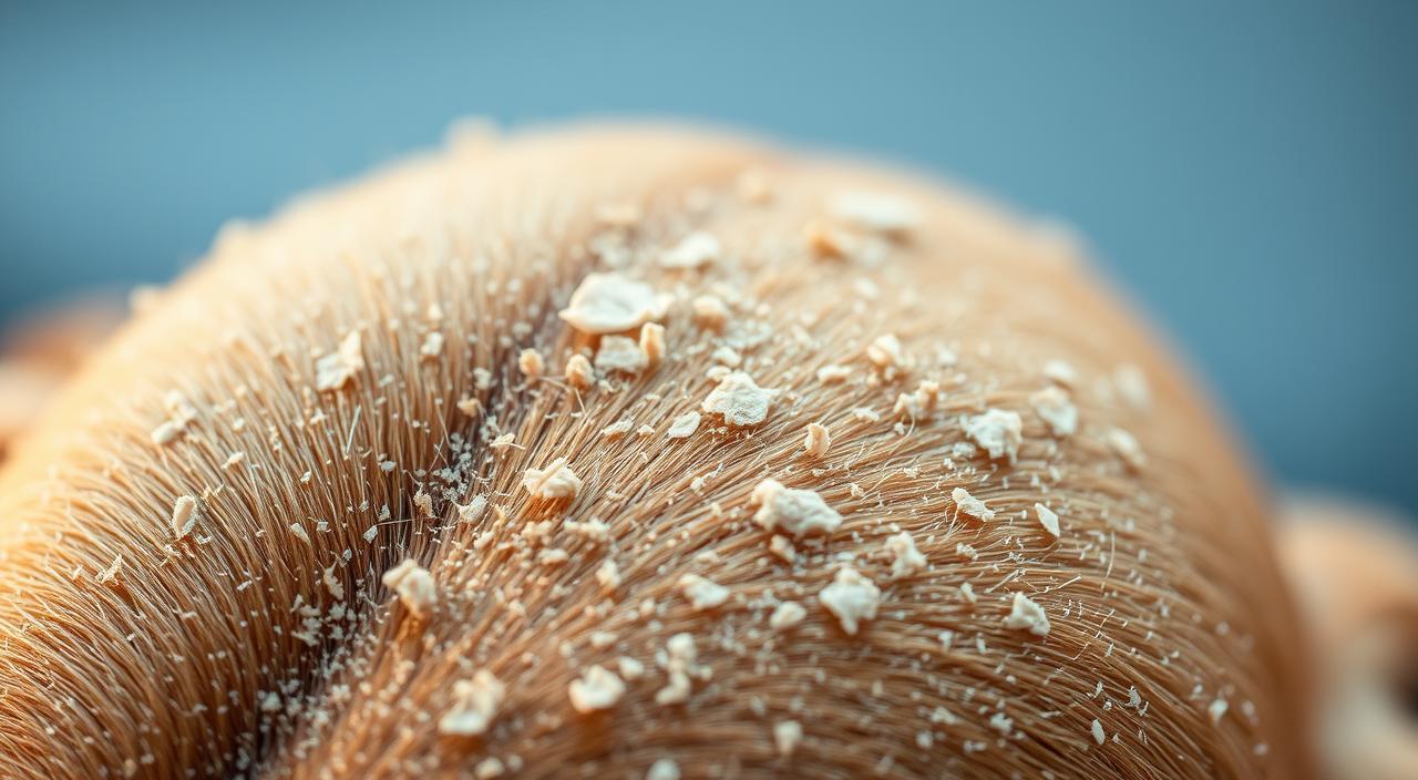 A close-up photograph of an irritated scalp with visible flakes of dandruff, illuminated by soft, warm lighting to highlight the textural details. The foreground focuses on the scaly, discolored skin, while the middle ground reveals the intricate patterns and clusters of dead skin cells. The background is blurred, creating a sense of depth and emphasis on the central subject. The overall mood is one of clinical examination, with a clean, clinical aesthetic to convey the medical nature of the condition.
