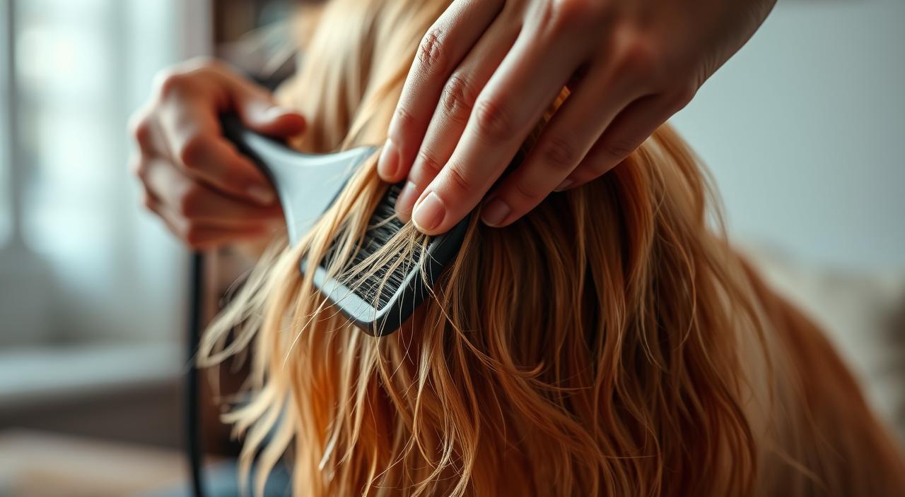 A close-up shot of a person's hands carefully brushing through a dog's long, soft fur, gently separating the strands to prevent matting. The dog's fur is a warm, golden brown color, and the lighting is soft and diffused, creating a cozy, intimate atmosphere. The background is slightly blurred, but suggests a serene, domestic setting, perhaps a living room or a grooming station. The image conveys a sense of care, attention, and the importance of proper grooming techniques to maintain a dog's healthy, tangle-free coat. 8k in HDR.