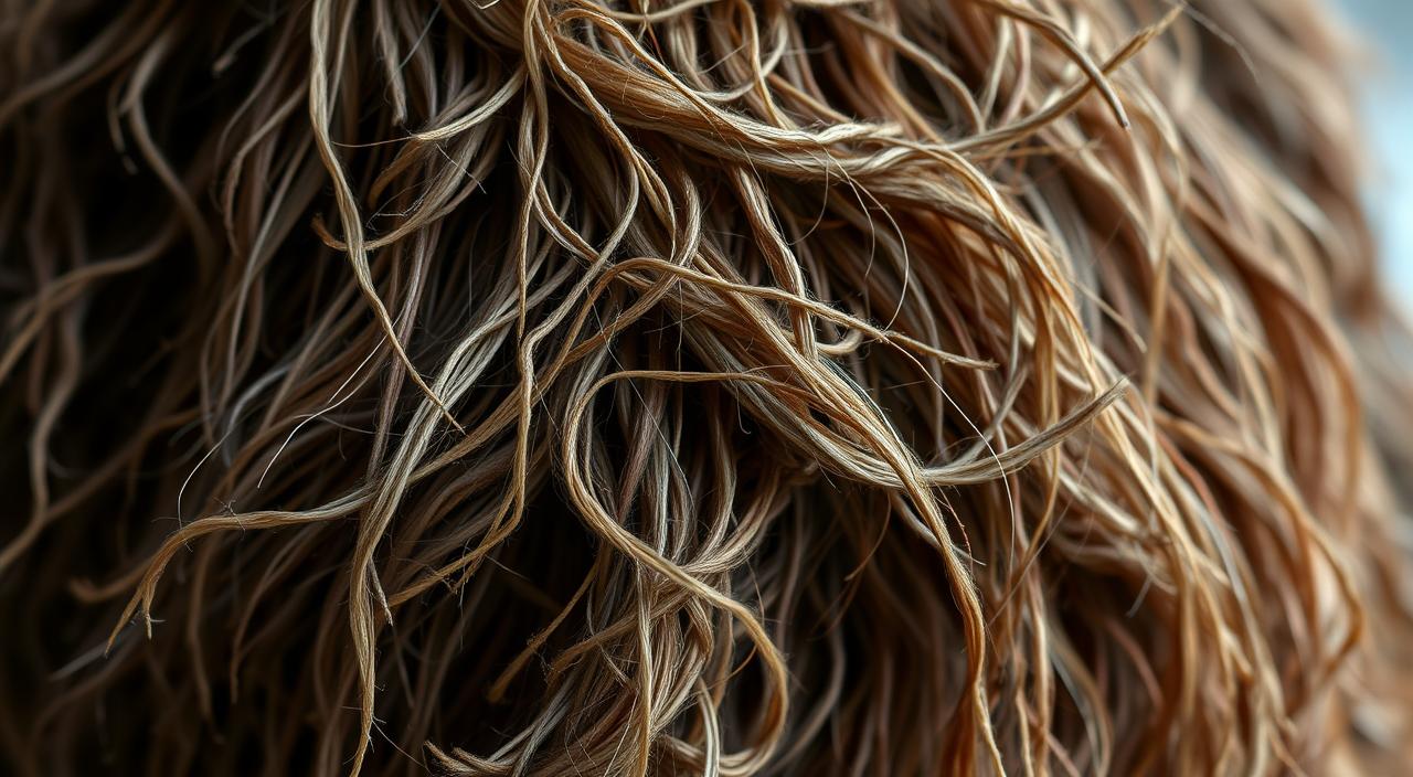 A close-up shot of several entangled dog hair mats, captured in high-resolution 8K HDR. The mats appear dense, tangled, and discolored, with strands of fur intertwined in a messy, matted texture. The lighting is soft and even, highlighting the intricate details and subtle variations in color and texture within the mats. The background is blurred, keeping the focus on the intricate, troublesome nature of the matted fur. The overall mood is one of concern and the need for careful, methodical attention to properly address and resolve the issue.