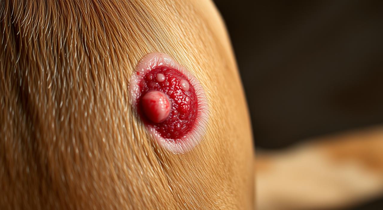 A close-up view of a dog's irritated skin, revealing a circular, inflamed "hot spot" with visible redness, swelling, and potential hair loss. The lighting is soft and directional, casting gentle shadows to accentuate the textural details. The focus is sharp on the affected area, while the background is slightly blurred, keeping the attention on the central subject. The overall mood is one of concern and the need for a soothing, healing remedy. The image is captured in 8K HDR resolution for maximum visual clarity and impact.