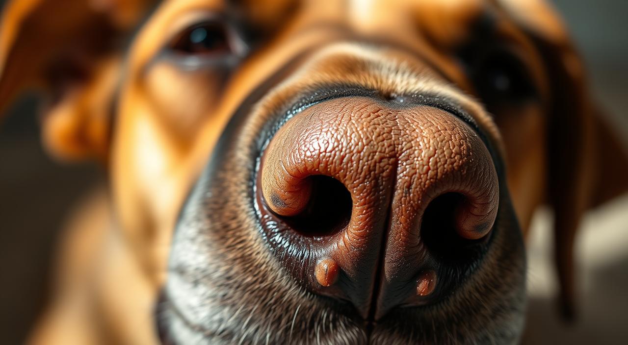 A close-up view of a dog's nose, capturing the intricate details and textures. The nose appears dry, with slight cracks and visible dryness on the surface. The lighting is soft and natural, casting gentle shadows that highlight the contours of the nose. The depth of field is shallow, keeping the nose in sharp focus while the background is slightly blurred, creating a sense of intimacy and emphasis on the subject. The overall mood is one of concern and observation, inviting the viewer to examine the condition of the dog's nose more closely. The image is rendered in high definition with a vibrant HDR color palette, bringing the subject to life with vivid realism.