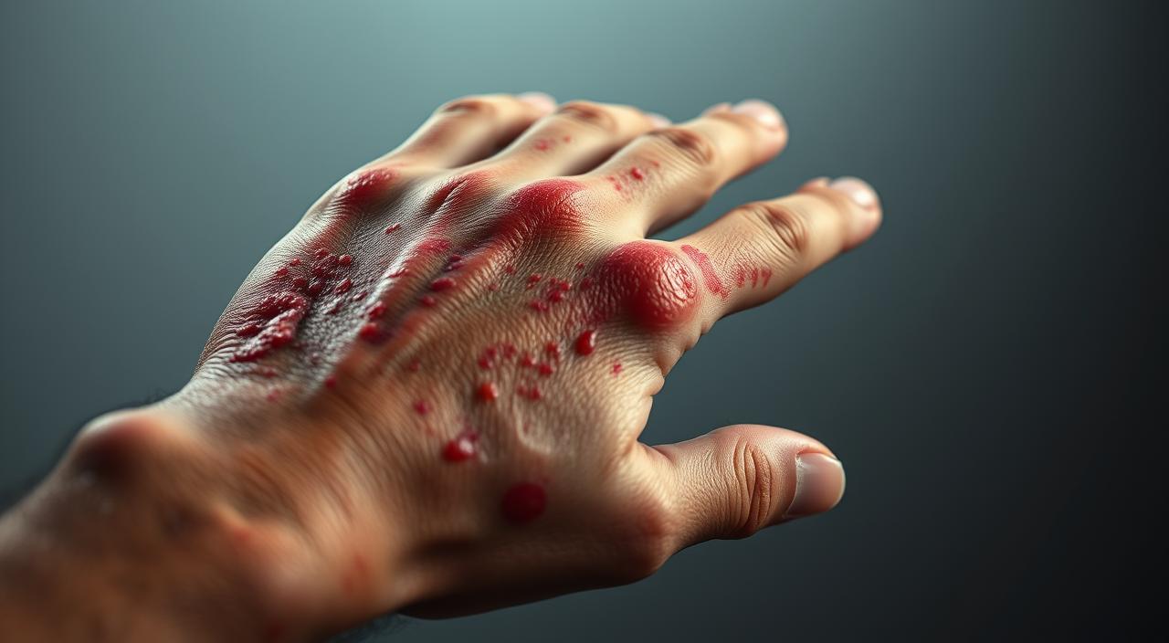 A close-up view of a human hand with a severe allergic reaction, featuring prominent red rash, swelling, and hives covering the palm and fingers. The skin appears inflamed and irritated, with a painful, stinging sensation conveyed through the tense facial expression. The lighting is soft and diffused, creating a dramatic chiaroscuro effect that highlights the textural details of the skin. The background is blurred, keeping the focus on the striking and unsettling visual of the allergic reaction. The overall mood is one of discomfort, concern, and a sense of urgency to address the medical condition.
