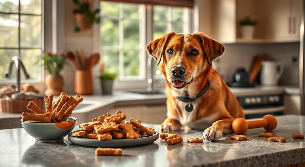 A cozy kitchen counter adorned with an array of tempting treats - fresh baked dog biscuits, chew sticks, and a few favorite toys. Warm lighting casts a soft glow, inviting the viewer to reach out and indulge. In the background, a window overlooking a lush, calming garden scene. The overall mood is one of comfort, care, and anticipation for a positive vet visit experience. Captured in crisp 8K HDR resolution, the image conveys a sense of welcoming and reassurance for both the dog and their owner.