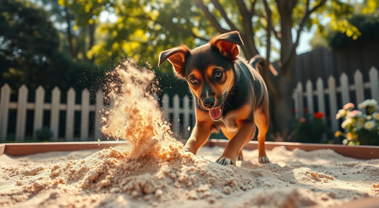A curious canine energetically digging in a sun-dappled sandbox, tossing up plumes of fine sand. The dog's focused expression and intense body language convey a sense of play and exploration. The sandbox is set within a lush, verdant backyard, with a picket fence and blooming flowers framing the scene. Warm, golden sunlight filters through the leaves of a nearby tree, casting a gentle glow over the entire composition. Captured with a wide-angle lens, the image showcases the dog's dynamic motion and the tranquil, inviting atmosphere of the backyard setting. 8k in HDR.