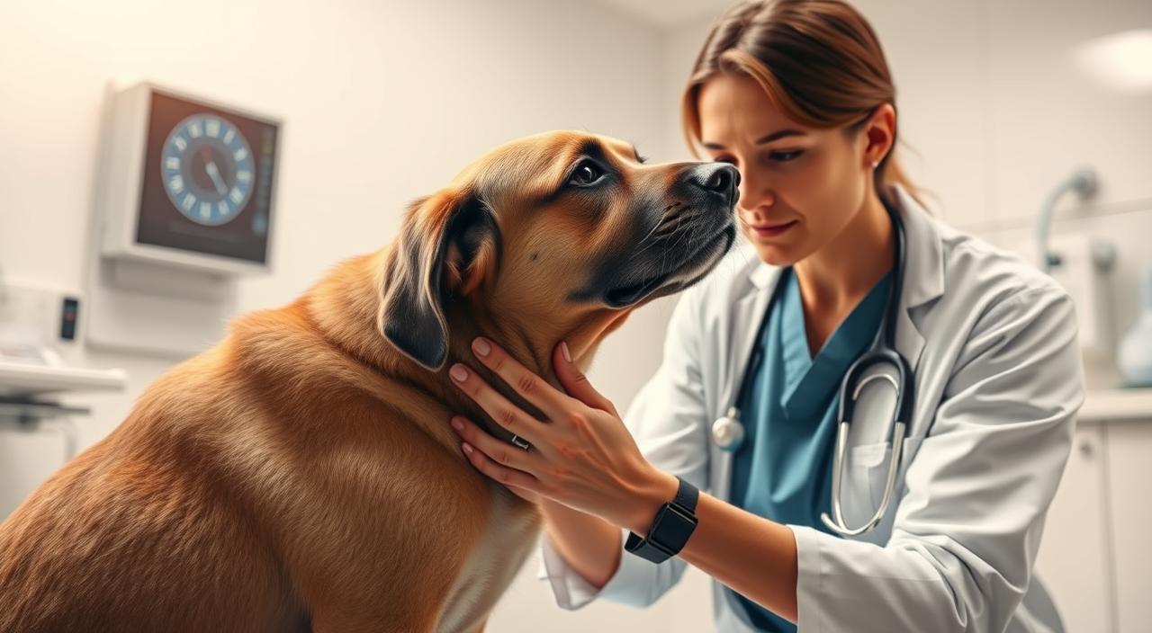 A detailed medical examination of a dog, with a veterinarian carefully inspecting the animal's vital signs and checking for any underlying physical conditions that could be causing separation anxiety. The scene is captured in a serene, soft-lit clinic setting, with clean white walls and modern medical equipment in the background. The veterinarian's expression is one of focused professionalism as they diligently assess the dog's health, seeking to uncover any treatable medical issues before exploring behavioral solutions. The lighting is warm and natural, enhancing the sense of care and attention being given to the patient. The overall atmosphere conveys a sense of compassionate, thorough medical evaluation.