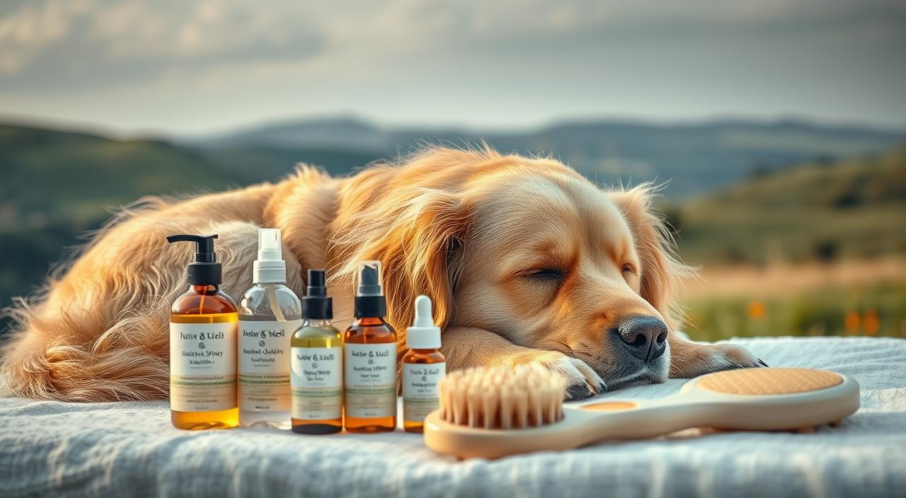 A fluffy golden retriever resting peacefully, its coat gleaming with a healthy sheen. In the foreground, an array of natural grooming products - soothing oils, calming sprays, and nourishing brushes - are arranged meticulously. Soft, diffused lighting illuminates the scene, casting a warm, comforting glow. The dog's expression is one of contentment, as if enjoying the pampering care. In the background, a serene, pastoral landscape with rolling hills and a calming sky sets the stage for this idyllic moment of canine self-care. Captured in 8K HDR, this image evokes a sense of tranquility and the importance of providing protective, soothing treatments for a dog's magnificent coat.