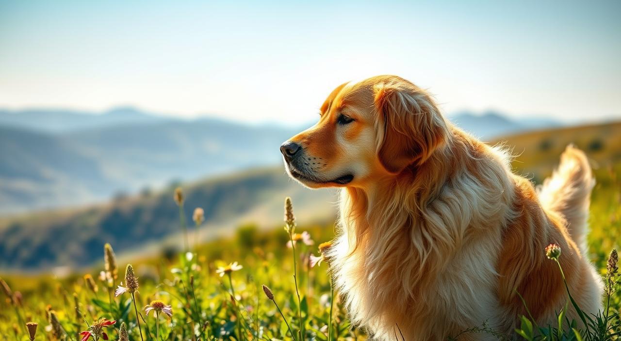 A golden retriever with a lush, glossy coat stands in a sunlit meadow, the warm rays highlighting the vibrant hues of its fur. The dog's coat appears soft and healthy, with a gentle shine that reflects the natural beauty of its surroundings. In the middle ground, a variety of green foliage and wildflowers add depth and texture to the scene. The background features a hazy, dreamlike landscape with rolling hills and a clear, blue sky, creating a peaceful and serene atmosphere. The overall composition is balanced and visually striking, showcasing the dog's radiant coat in a natural, harmonious setting.