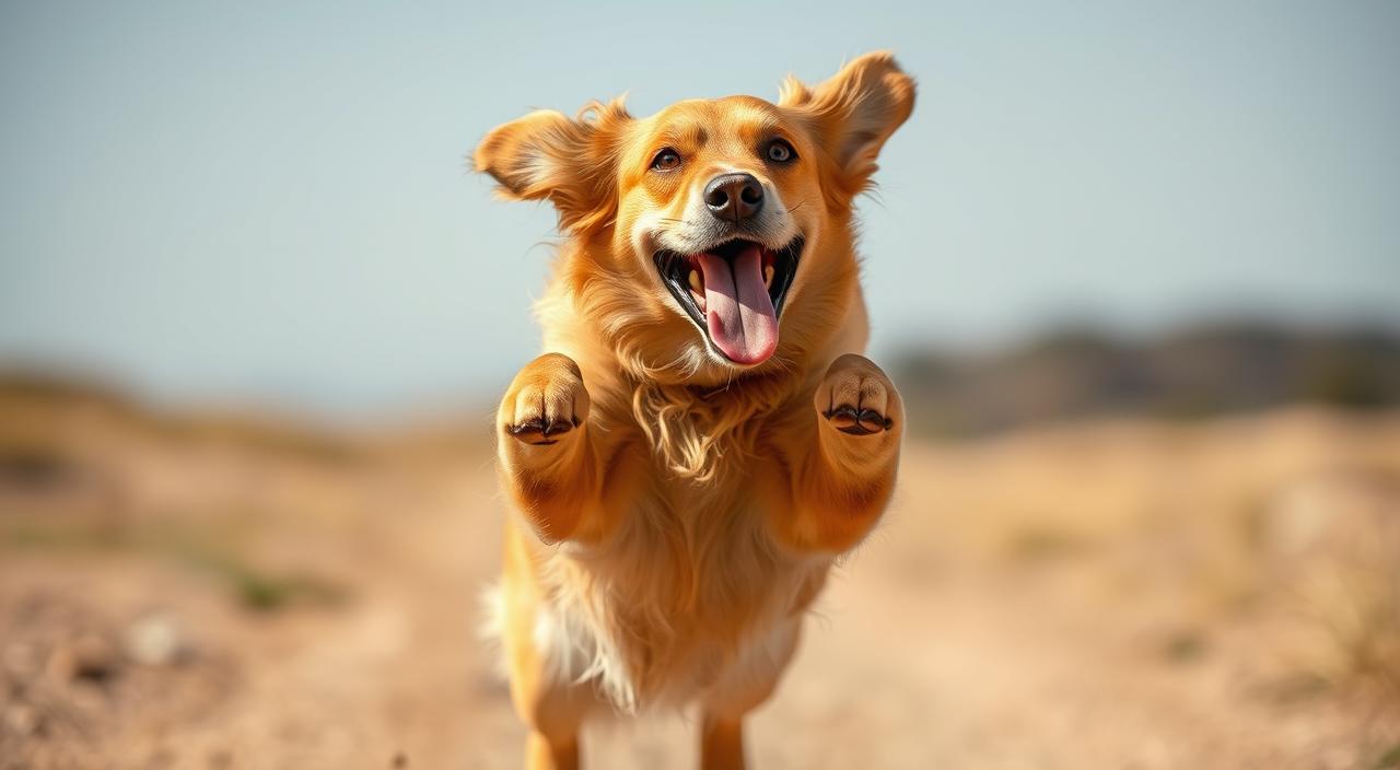 A lively and energetic scene of a golden retriever dog mid-jump, with its front paws outstretched and hind legs propelling it upwards. The dog's eyes are wide with excitement, its mouth open in a playful pant, against a bright, sunlit background. The image is captured at a low angle, emphasizing the dog's athleticism and capturing the dynamic movement. The lighting is warm and natural, with gentle shadows and highlights accentuating the dog's fur and muscular form. The overall atmosphere conveys the unbridled joy and enthusiasm of a dog in the throes of playful exuberance.