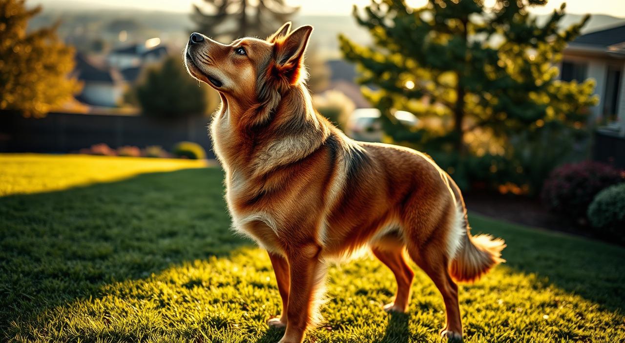 A majestic dog, its fur coat gleaming in the warm afternoon light, stands alert and vigilant on a well-manicured lawn. Its head is tilted upwards, ears perked, eyes focused intently on an unseen presence in the distance. The dog's powerful muscles ripple beneath its skin, its hackles raised in a display of protective instinct. The scene is framed by a lush, verdant backdrop, with a hint of a sprawling suburban neighborhood visible in the soft, hazy distance. The lighting is natural and evocative, casting dynamic shadows that add depth and drama to the composition. This captivating image, captured with a cinematic 8K HDR lens, conveys the perfect blend of canine guardianship and the need to find solutions for a dog's barking at strangers.