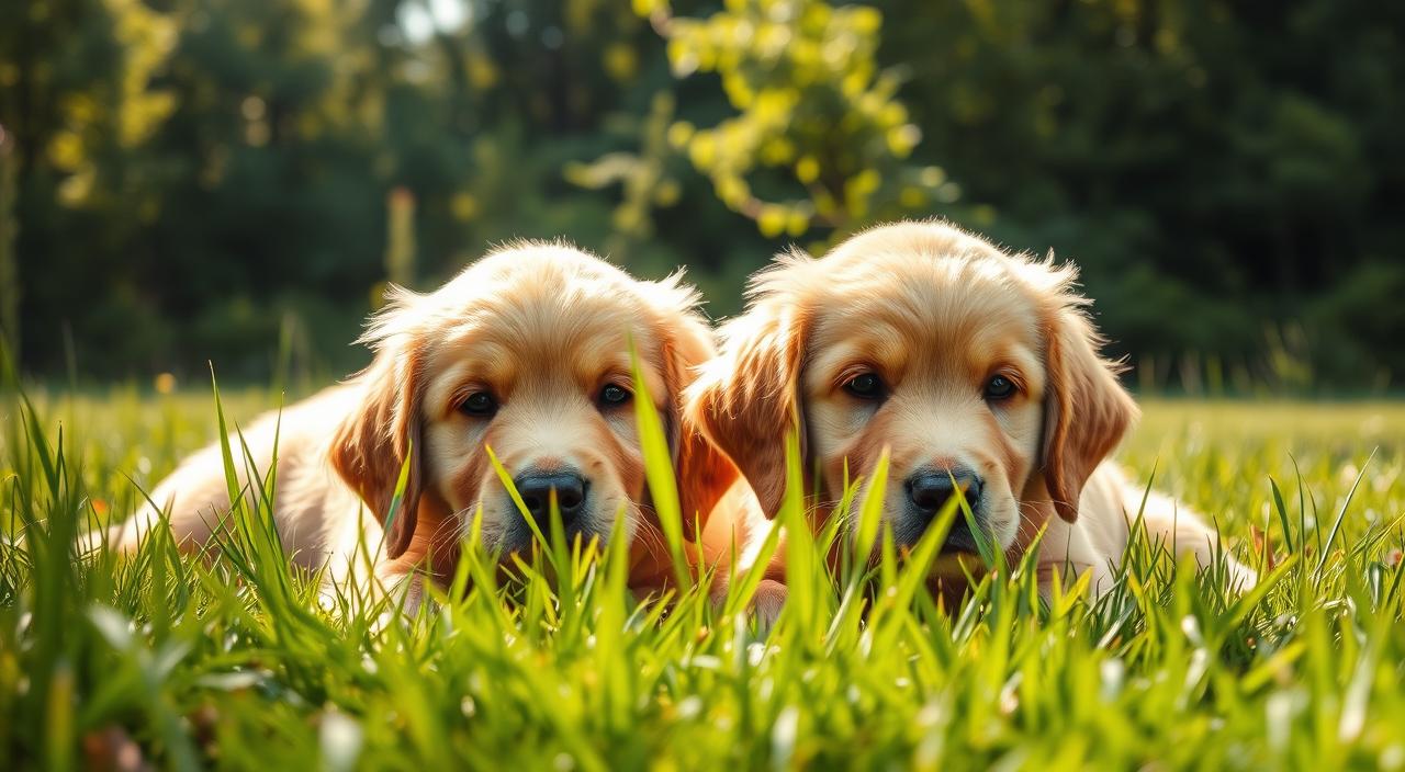 A pair of adorable, fluffy golden retriever puppies relaxing in a sun-dappled meadow, their muzzles partially obscured by lush, overgrown grass. The pups' fur glimmers with a warm, golden hue under the soft, diffused natural lighting, creating a sense of tranquility and comfort. In the background, a verdant forest canopy adds depth and a touch of mystery, hinting at the seasonal factors that may contribute to the formation of hot spots on the dogs' skin. The overall composition conveys a serene, idyllic atmosphere, capturing the essence of the "Breed and season factors that raise the risk" section of the article.