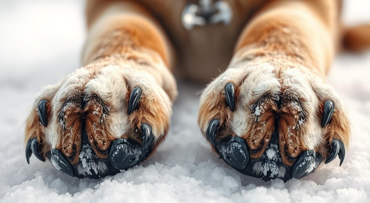 A pair of large, furry dog paws resting on a snowy, icy surface. The paws are close-up, filling the frame, with the toes and pads clearly visible. The paws are slightly spread, showing the individual digits and the textured skin. The lighting is soft and diffused, creating a gentle, atmospheric glow that highlights the details of the paws. The background is blurred, creating a sense of focus on the paws and their surroundings. The image conveys a sense of protection and care for the dog's sensitive paws during the winter season.