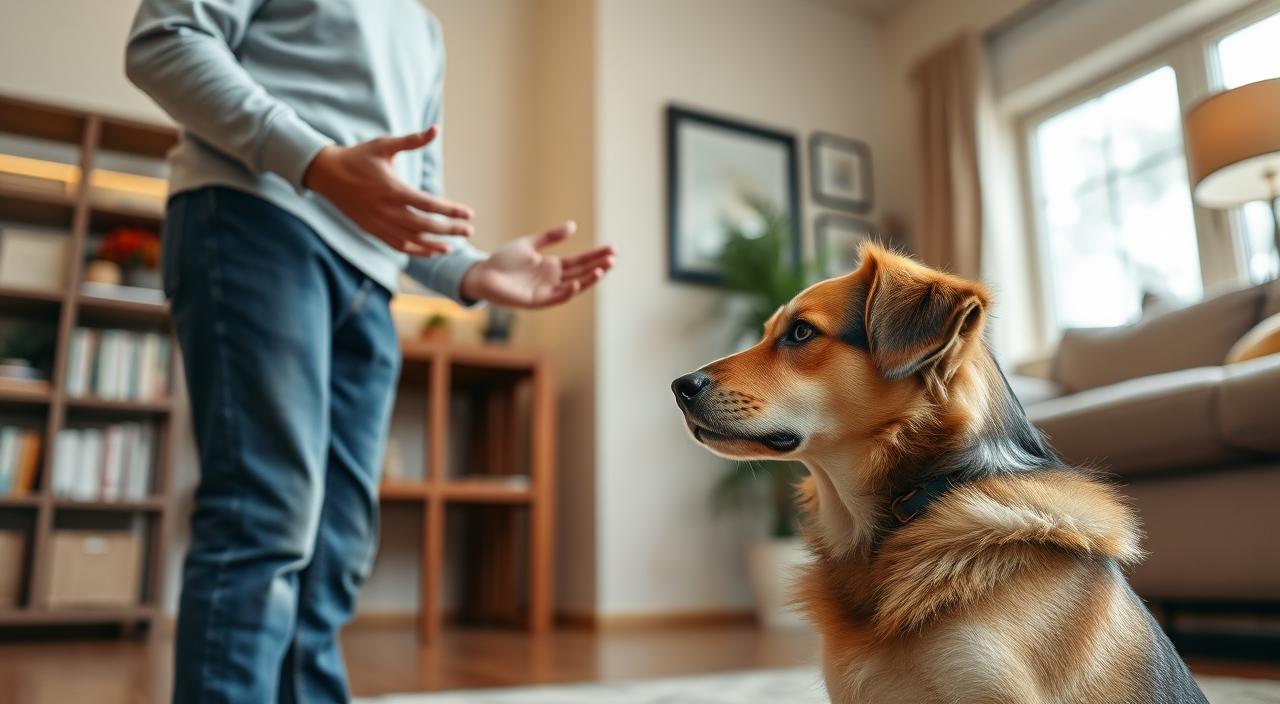 A person standing calmly, with an open and inviting posture, gesturing towards a dog in the foreground. The person's expression is friendly and non-threatening, encouraging the dog to approach. The dog is sitting, appearing relaxed and attentive, its gaze fixed on the person. The scene is set in a warm, well-lit indoor environment, with soft, diffused lighting highlighting the interactions. The perspective is from a low angle, emphasizing the closeness and connection between the person and the dog. The overall mood is one of trust, comfort, and gradual desensitization.