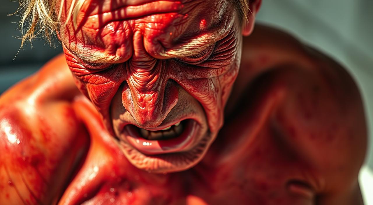 A person's skin appears bright red and inflamed, with evident blisters and peeling. The face is contorted in pain, eyes squinting and mouth slightly open. The torso is also affected, with the skin appearing raw and sensitive. The lighting is harsh, casting dramatic shadows and highlights that accentuate the severity of the sunburn. The background is blurred, keeping the focus on the distressed, emergency-level sunburn. The overall atmosphere conveys a sense of urgent medical attention needed, with the subject's condition appearing critical.