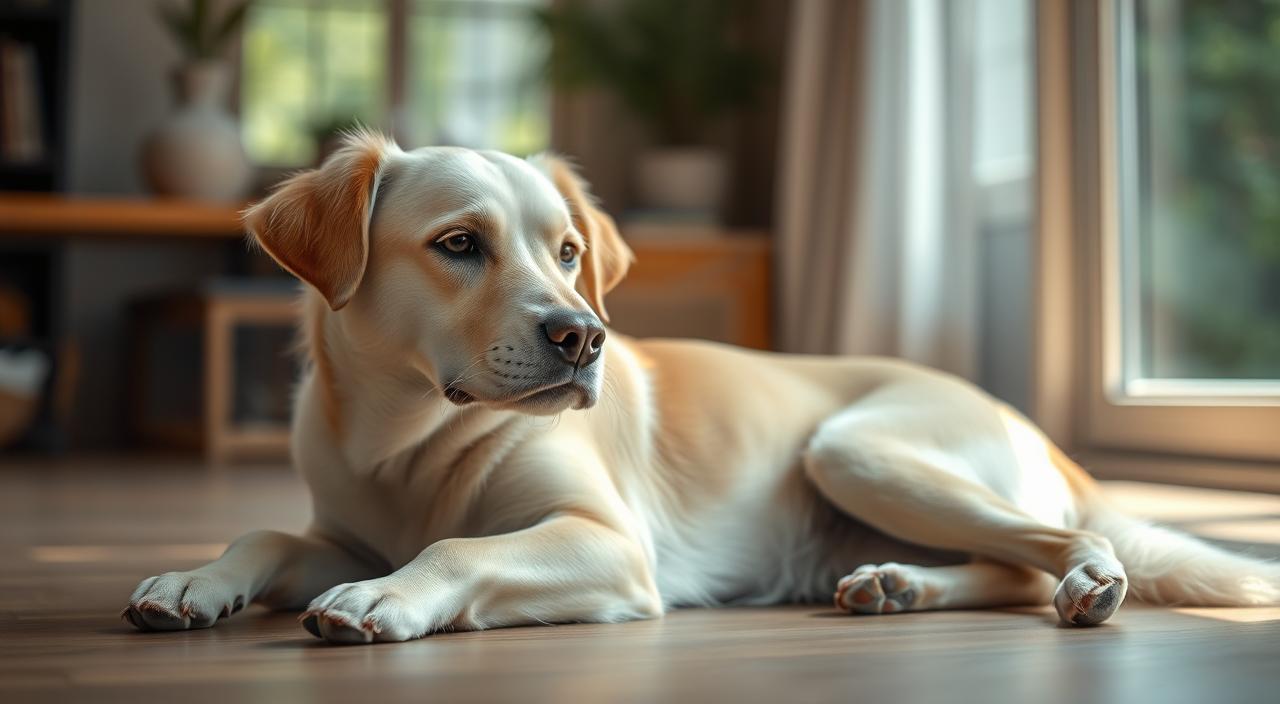 A serene, well-lit scene of a calm dog sitting and lying down gracefully. The dog's posture is relaxed, its eyes softly focused, conveying a sense of tranquility. The setting is a cozy, natural environment, with soft, diffused lighting from a window or overhead source creating a warm, inviting atmosphere. The composition features the dog in the foreground, with a blurred, gentle background that complements the dog's peaceful demeanor. Crisp, lifelike details in 8k HDR resolution showcase the dog's soft fur, gentle expressions, and the overall sense of calm and control.