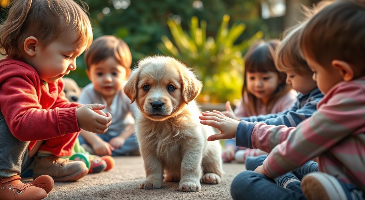 A serene, well-lit scene of a playful puppy surrounded by a group of children engaged in interactive socialization activities. The puppy, with a soft, fluffy coat and big, expressive eyes, is the focal point, as the children gently pet, play with, and guide the puppy through various exercises. The background is a warm, inviting outdoor setting, with lush greenery, a few scattered toys, and a sense of safety and comfort. Soft, directional lighting casts a natural, inviting glow, creating a pleasant, nurturing atmosphere that showcases the importance of early socialization for a well-adjusted, confident puppy. 8k in HDR.