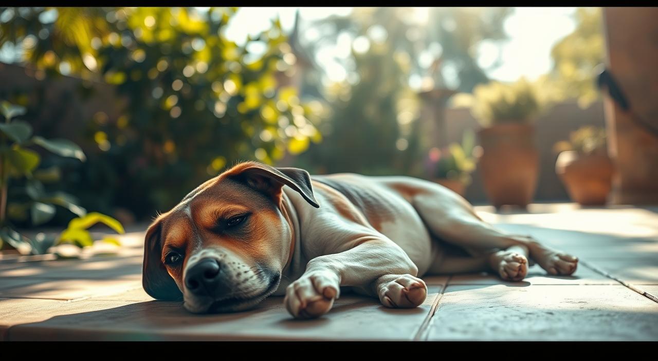 A shaded outdoor scene with a dog lying on a patio, seeking respite from the sun's glare. Soft, diffused lighting filters through lush foliage, casting gentle shadows across the pup's tired form. The background is blurred, emphasizing the foreground focus on the dog's resting pose. Warm, earthy tones predominate, creating a soothing, relaxed atmosphere. The camera angle is slightly elevated, capturing the dog's tranquil expression as it finds solace in the cool, shaded refuge. Captured in stunning 8k HDR resolution, this image conveys the immediate need for shade to alleviate sunburn in a safe, natural manner.