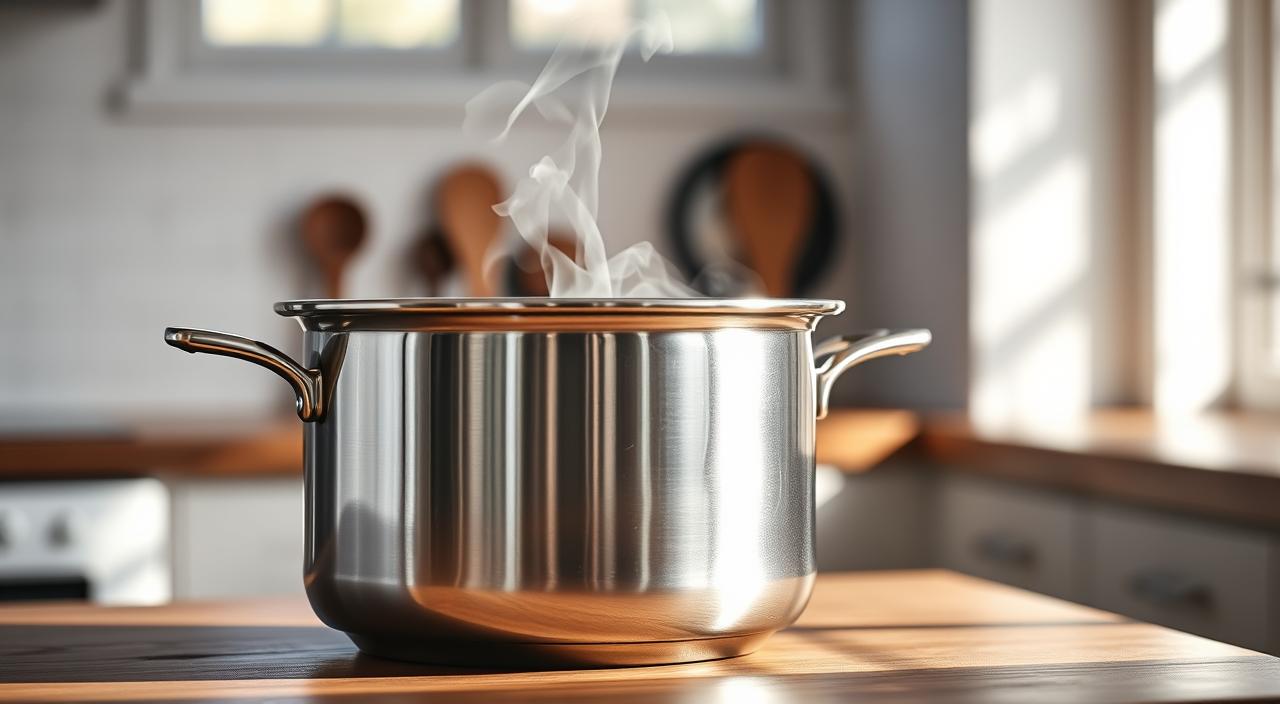 A sleek, stainless steel double boiler with a polished finish, standing on a wooden kitchen counter against a backdrop of soft, natural light streaming in through a window. The inner pot gently simmers, emitting a gentle plume of steam that curls upwards, creating a sense of warmth and tranquility. The design is minimalist yet functional, with clean lines and a sturdy, durable construction, perfectly suited for the task of melting, mixing, and warming ingredients for homemade paw balms. The overall scene is captured in a high-resolution, high dynamic range (HDR) image, showcasing the textures, reflections, and subtle details of this essential kitchen tool.