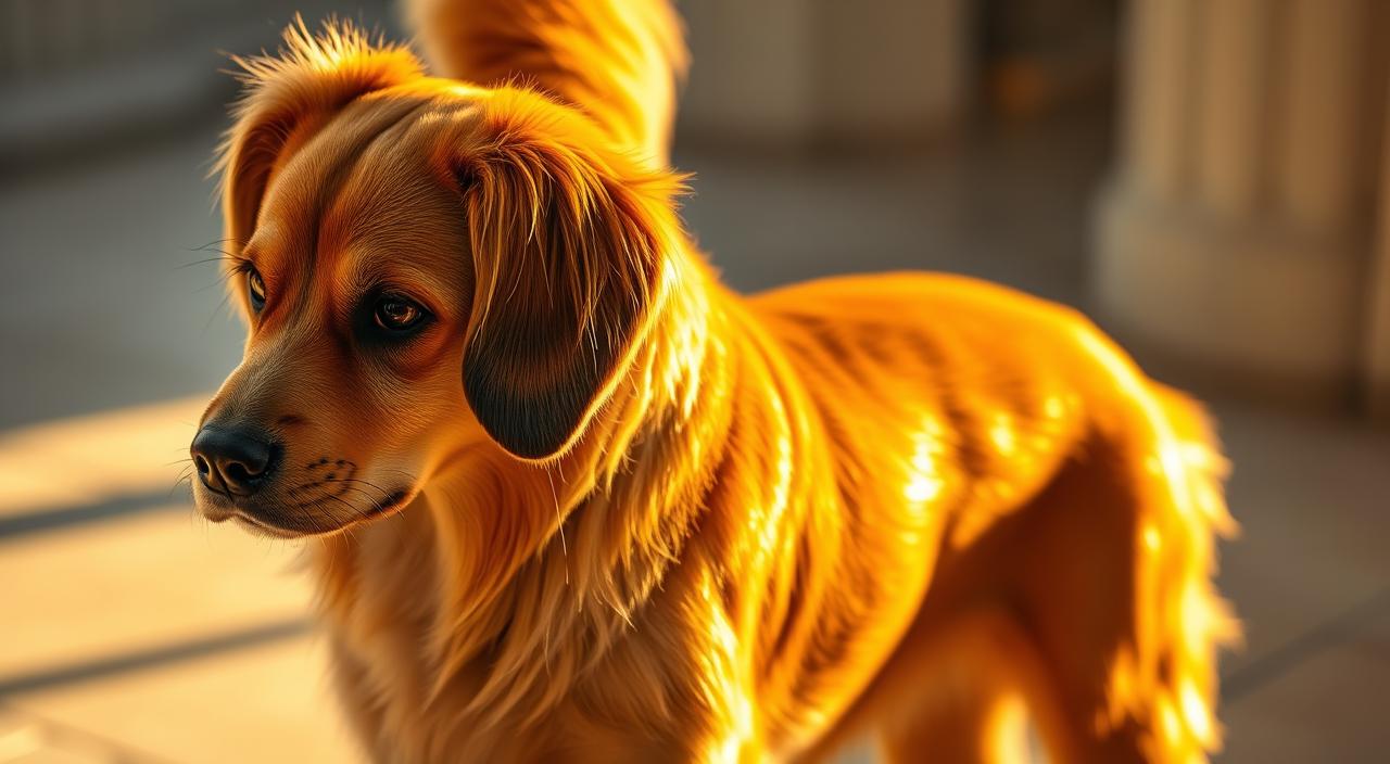 A sleek, well-groomed dog coat glowing with a healthy sheen, bathed in warm, golden light. The fur appears soft and lustrous, each strand distinct and meticulously styled. In the foreground, the detailed texture of the coat is visible, with individual hairs catching the light. The middle ground reveals the dog's muscular frame, its posture radiating vitality. The background is softly blurred, allowing the focus to remain solely on the magnificent coat. The lighting creates a sense of depth and dimension, highlighting the coat's depth of color and luster. This 8k HDR image conveys the ideal of a dog coat restored to its natural, vibrant state.