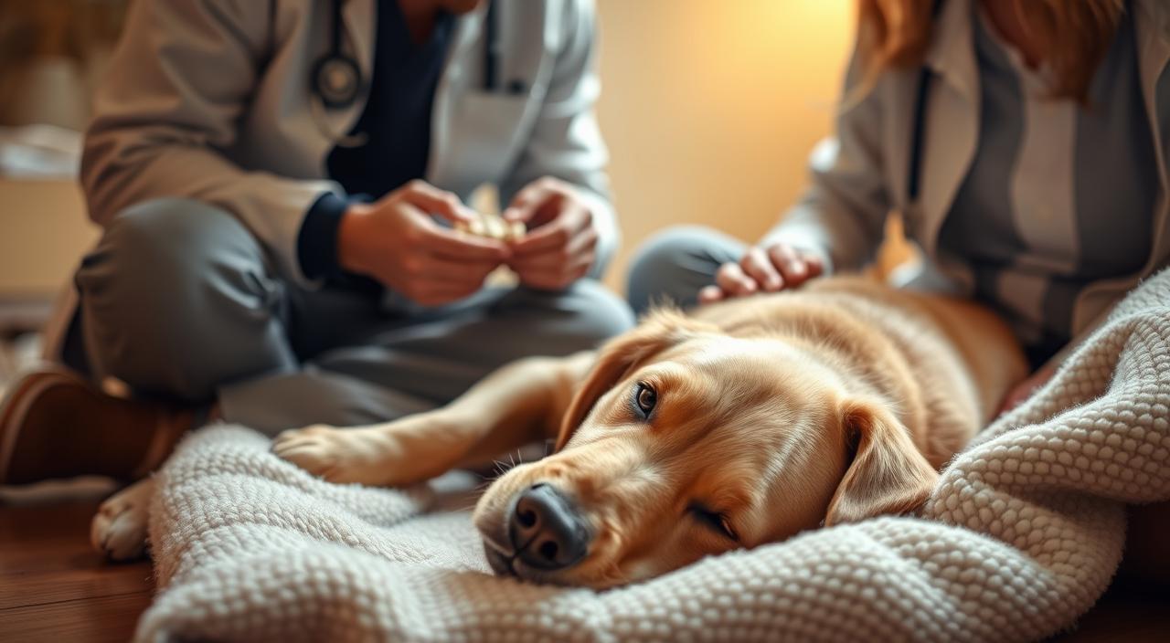 A veterinarian gently examines a relaxed golden retriever lying on a soft, plush blanket. The dog's owner sits nearby, offering treats and soothing words to make the experience stress-free. Warm, diffused lighting illuminates the scene, creating a calming atmosphere. The camera captures the interaction from a low angle, emphasizing the bond between the dog and its caretaker. The background is blurred, keeping the focus on the intimate moment of handling and care.