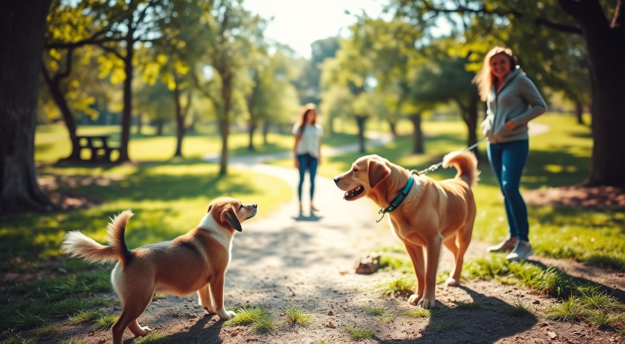 A vibrant outdoor scene of two friendly dogs greeting each other in a park. The foreground features the two canines - one a playful puppy, the other a patient adult dog - sniffing and wagging their tails as they cautiously but enthusiastically make introductions. In the middle ground, their owners stand nearby, observing the interaction with warm smiles. The background showcases a lush, sun-dappled landscape of trees, grass, and a winding path, creating a serene, inviting atmosphere. Soft, diffused lighting from an overhead sun gently illuminates the natural setting, captured with a wide-angle lens to convey a sense of depth and tranquility. The overall mood is one of comfort, safety, and the joyful exploration of new canine friendships.