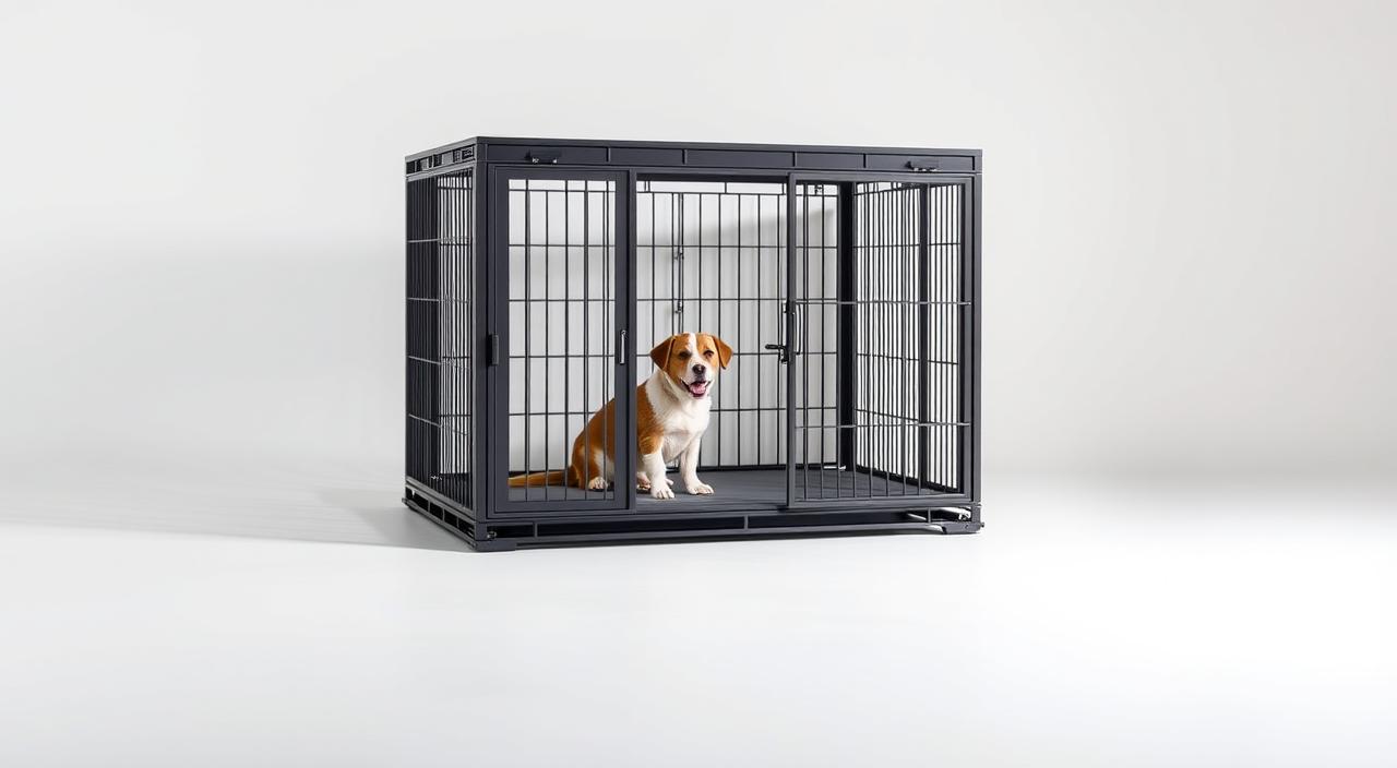 A well-lit, high-quality studio photograph of a modern, sturdy dog crate made of dark-colored metal and tempered glass panels, positioned in the center of the frame against a clean, neutral background. The crate is open, with the door ajar, conveying a welcoming and comforting atmosphere. The lighting is soft and diffused, creating a calming and inviting mood. The camera angle is slightly elevated, providing a clear and detailed view of the crate's design and features, highlighting its functionality and suitability for a dog's needs.