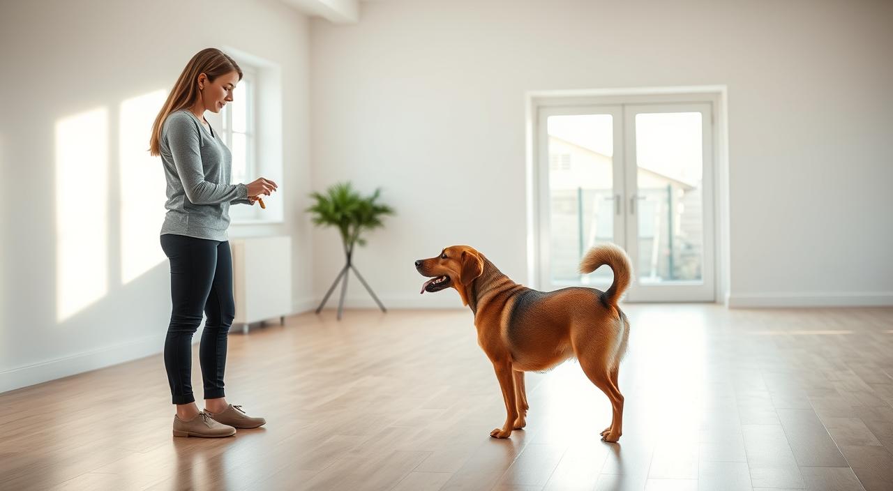 A well-lit indoor training session with a positive, reward-based approach. A focused dog handler demonstrating marker words and hand signals to a medium-sized dog in a bright, airy room with large windows. Soft natural lighting from the side, a clean hardwood floor, and a minimalist backdrop create an atmosphere of calm and professionalism. The dog's ears are perked up, tail wagging, as it watches the handler's movements intently, ready to perform the trained behaviors in exchange for tasty treats. 8k in HDR.