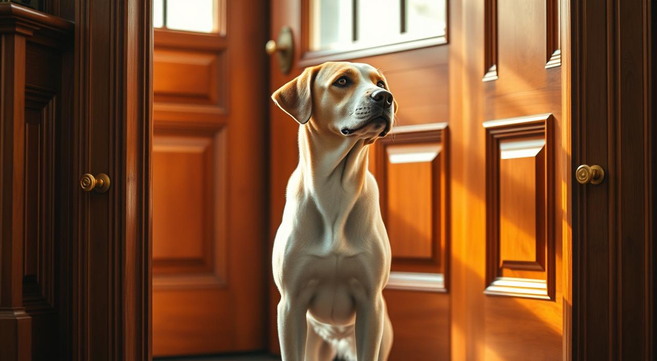 A well-mannered dog standing at a polished wooden door, greeting its owner with an attentive, calm demeanor. The dog's posture is relaxed, its gaze focused and friendly. Soft, warm lighting from a nearby window casts a gentle glow, highlighting the dog's smooth, healthy coat. The door's hardware and trim are meticulously detailed, creating a harmonious, inviting atmosphere. The composition is balanced, with the dog positioned centrally, framed by the door's architectural elements. This scene conveys a sense of tranquility and order, reflecting the training and discipline required to achieve such polite, composed door greetings.