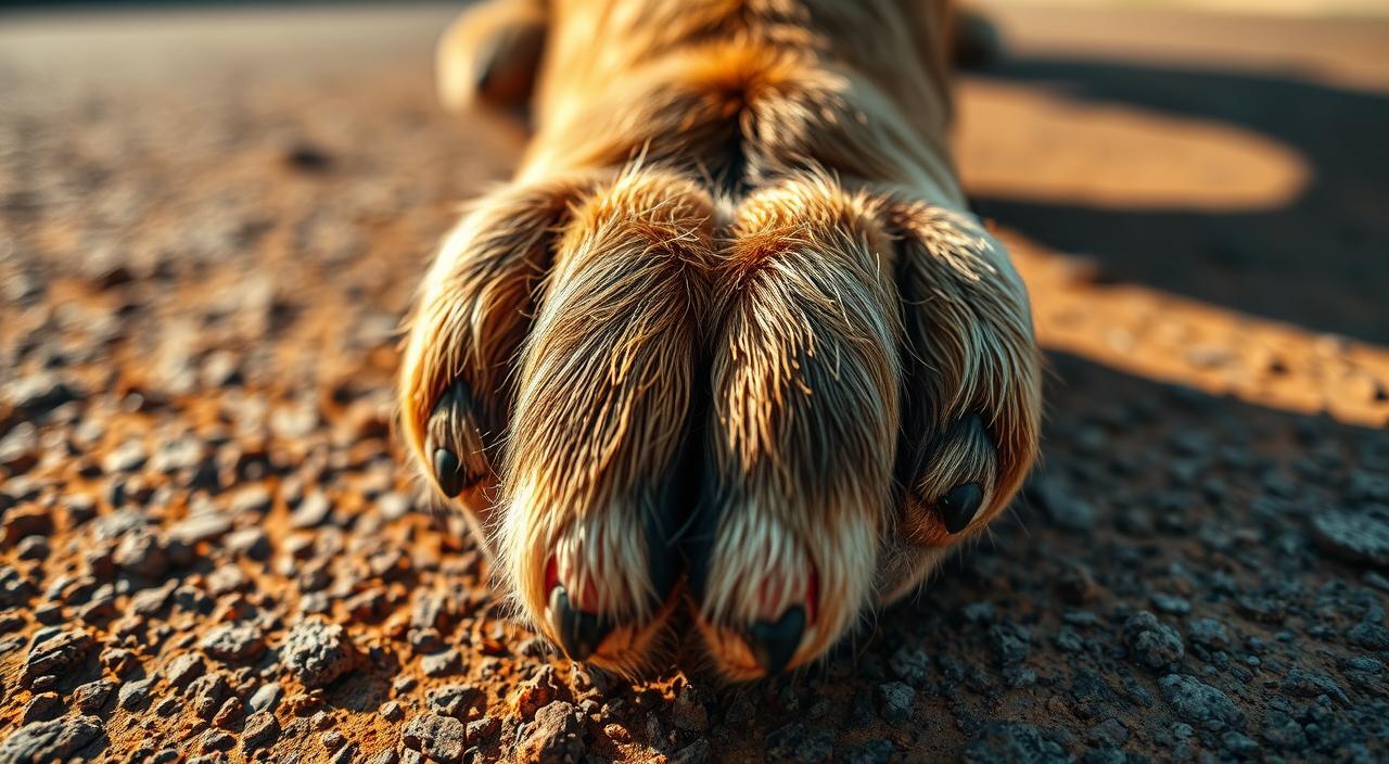 Close-up detailed photograph of a dog's paw pad on a hot, rough surface, showcasing the unique texture and ridges. Vibrant, high-contrast lighting illuminates the intricate patterns and highlights the dog's natural protective mechanisms. The paw pad appears slightly reddened, capturing the effects of prolonged exposure to the scorching summer pavement. The image is shot from a low angle, emphasizing the resilience and importance of these specialized structures. Crisp, 8K HDR resolution provides exceptional clarity and depth, inviting the viewer to appreciate the remarkable adaptations that enable dogs to navigate challenging summer environments.