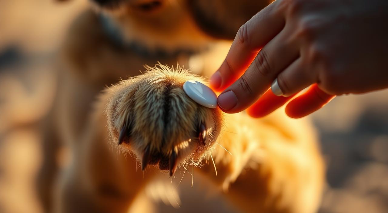 Detailed close-up shot of a human hand gently applying sunscreen to a dog's paw, with a soft, warm lighting illuminating the scene. The dog's paw is prominently featured in the foreground, while the handler's hand is seen carefully massaging the sunscreen into the delicate skin. The background is blurred and hazy, creating a sense of focus on the important task at hand. The overall mood is one of care, tenderness, and attention to detail, emphasizing the importance of properly protecting a dog's skin from sun damage. Captured in 8k HDR resolution for maximum clarity and visual impact.