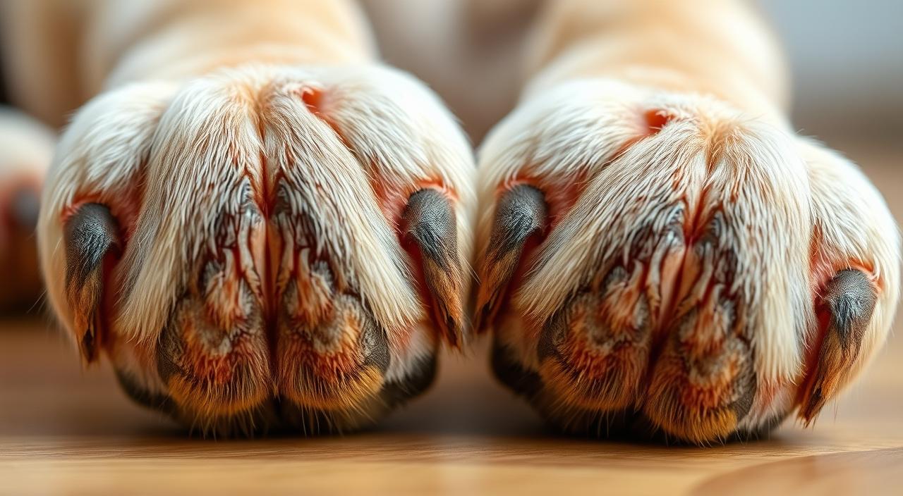 Detailed close-up view of dog paw pads, showcasing the intricate texture and unique patterns. Captured in soft, natural lighting with a shallow depth of field to emphasize the tactile quality. The paws are positioned in the foreground, with a clean, minimal background that allows the viewer to focus on the subject. The image conveys a sense of vulnerability and the need for care, aligning with the article's topic of home remedies for dog paw cracks. Crisp, high-resolution 8K HDR rendering highlights every nuance of the paw's surface.