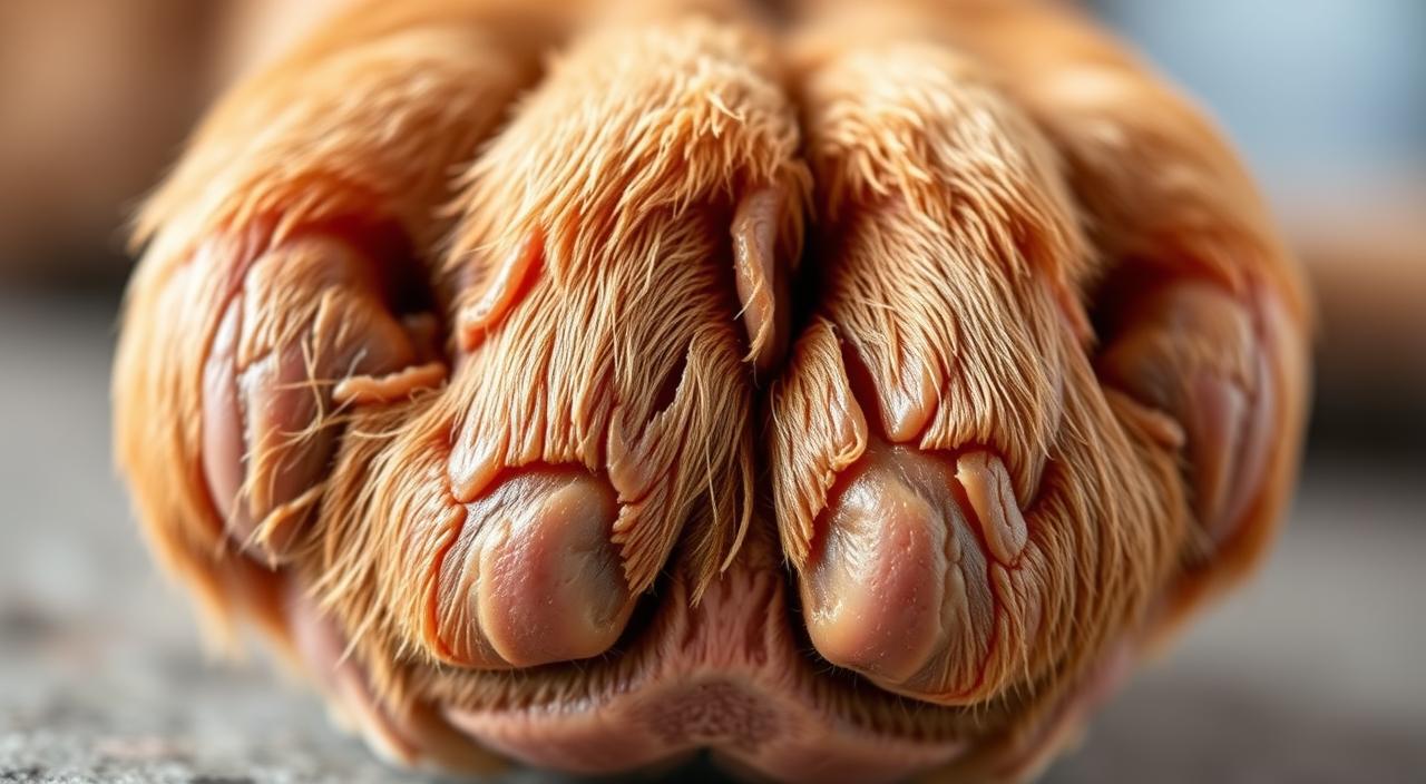 Highly detailed close-up image of the paw pads of a dog's paw, shot with a wide-angle lens in soft, natural lighting. The paw pads are prominently featured, showcasing their unique texture and structure, with visible ridges, creases, and calluses. The skin appears slightly moist, reflecting the healthy condition of the paws. The background is blurred, keeping the focus solely on the detailed paw pad anatomy. The overall mood is one of scientific curiosity and medical examination, suitable for illustrating the causes of cracked dog paws.