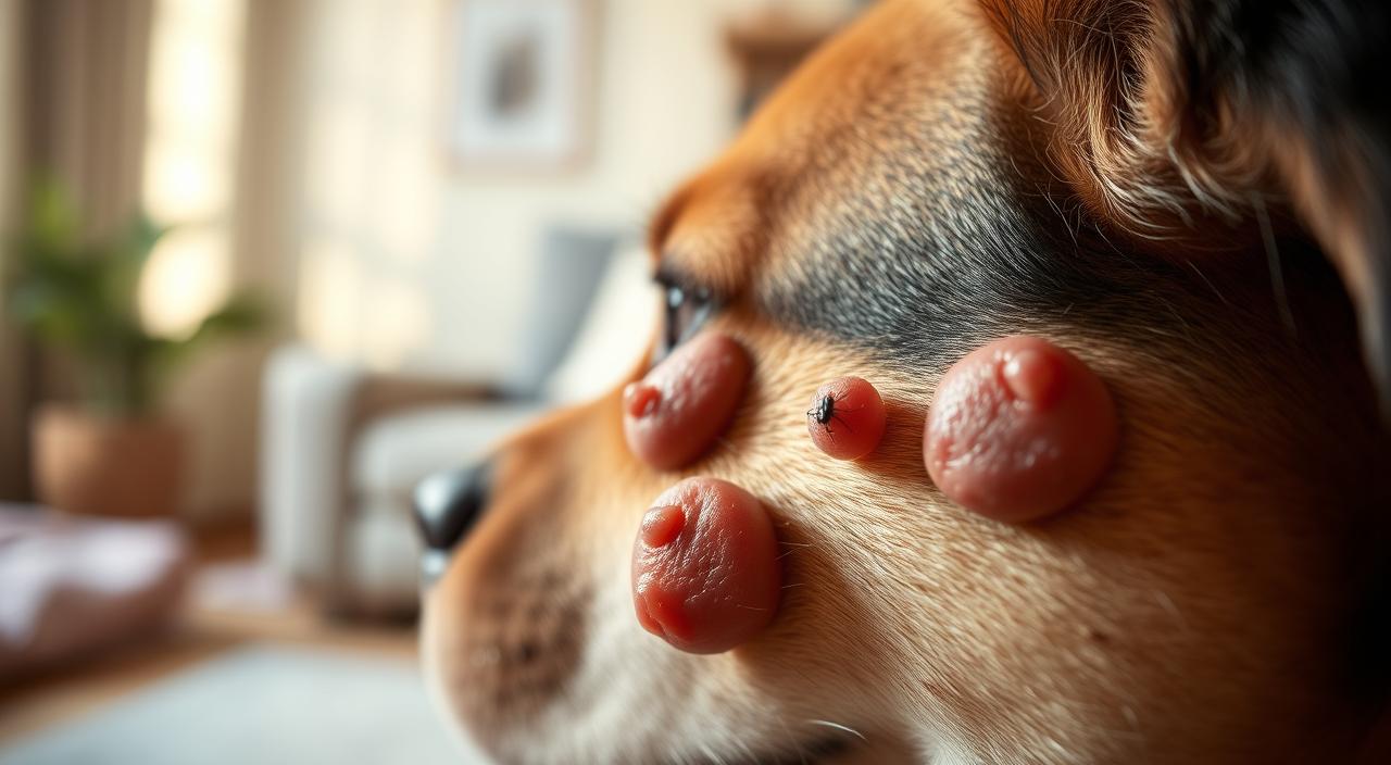 a close-up view of a dog's skin, highlighting several inflamed, swollen ant bites in the foreground, with a soft, shallow depth of field to emphasize the textural details of the bites. The middle ground shows the dog's fur in soft focus, and the background is slightly blurred, suggesting a calm, peaceful indoor setting. The lighting is warm and natural, casting gentle shadows that accentuate the raised, irritated skin. The overall mood is one of concern and a need to provide soothing relief for the dog's discomfort.