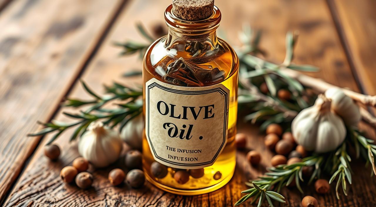 a glass bottle with a label that says "Olive Oil Infusion", filled with a golden olive oil and aromatic herbs and spices such as rosemary, thyme, garlic, and peppercorns, resting on a wooden surface with a rustic, natural feel, in soft, warm lighting to highlight the rich, inviting colors and textures, photographed from a slight angle to create depth and a sense of artisanal craftsmanship, 8k in HDR