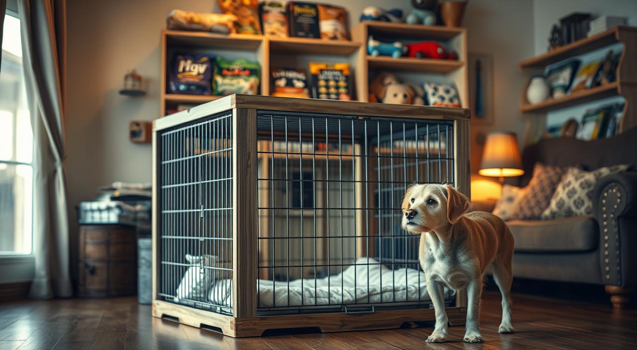 A cozy living room with a large crate placed prominently in the center. The crate is made of sturdy wood and wire, with a plush bedding inside. A curious older dog stands by the crate, its head tilted in contemplation. Soft, warm lighting illuminates the scene, casting a gentle glow. In the background, shelves filled with dog toys, treats, and training manuals suggest a dedicated owner invested in their pet's wellbeing. The overall atmosphere is one of patience, understanding, and a genuine effort to make the crate a comforting, familiar space for the older canine companion.