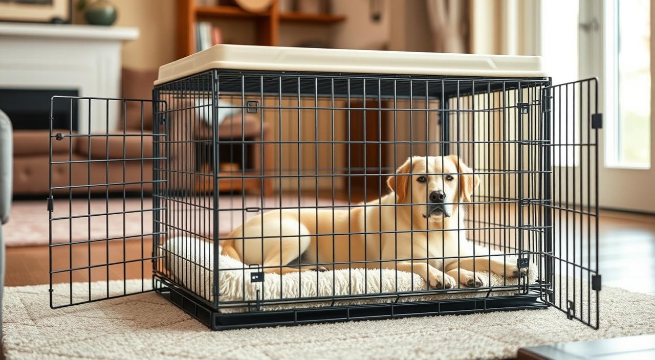 A cozy, well-lit adult dog crate stands prominently in a warm, inviting living space. The crate features a sturdy metal frame with smooth, rounded edges, providing a secure and comfortable den-like environment for an older canine companion. Soft, plush bedding lines the floor, inviting the dog to settle in. The crate is positioned in a prime location, with natural lighting from a nearby window gently illuminating the scene. The overall atmosphere exudes a sense of safety, comfort, and a perfect setup for successful crate training of an older dog.