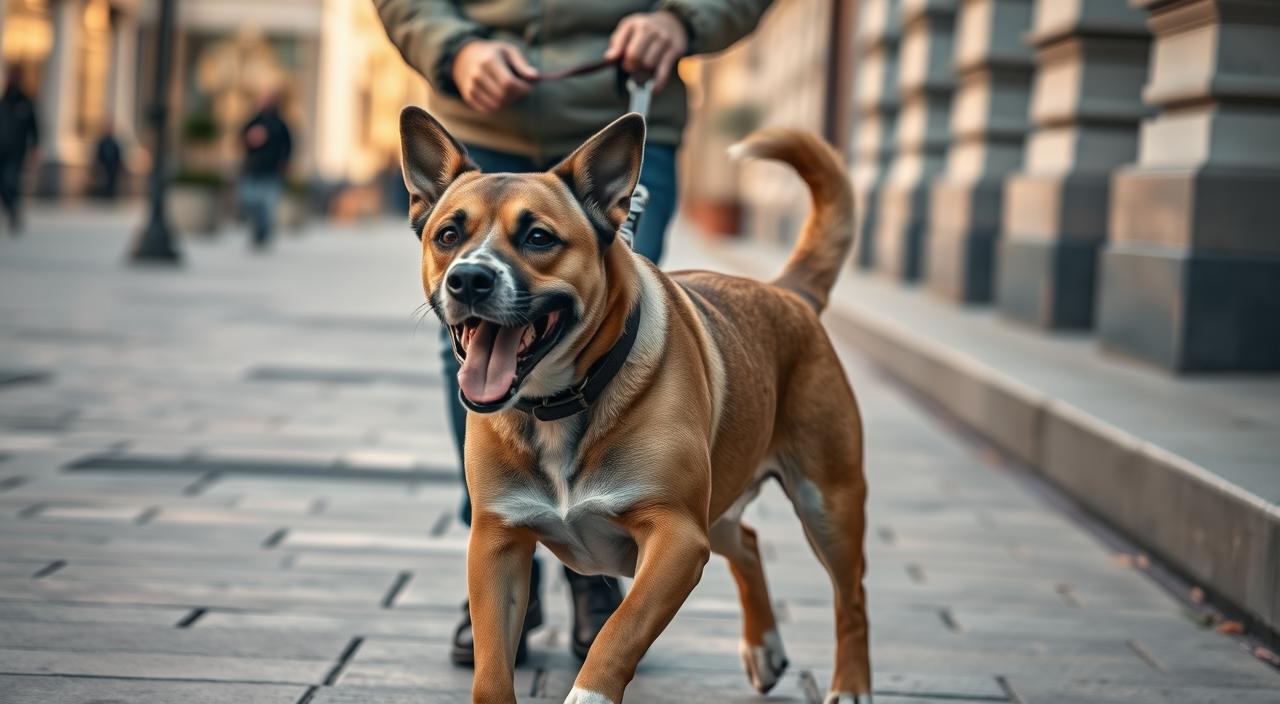 A leashed dog pulling enthusiastically forward, their owner firmly yet gently guiding them with a neutral expression. The scene is captured in a crisp, photorealistic 8k HDR image, with warm natural lighting illuminating the pair against a blurred urban background of sidewalks and buildings. The dog's muscular stance and forward momentum is balanced by the owner's calm, controlled stance, conveying the steps of effective training to stop the pulling behavior.
