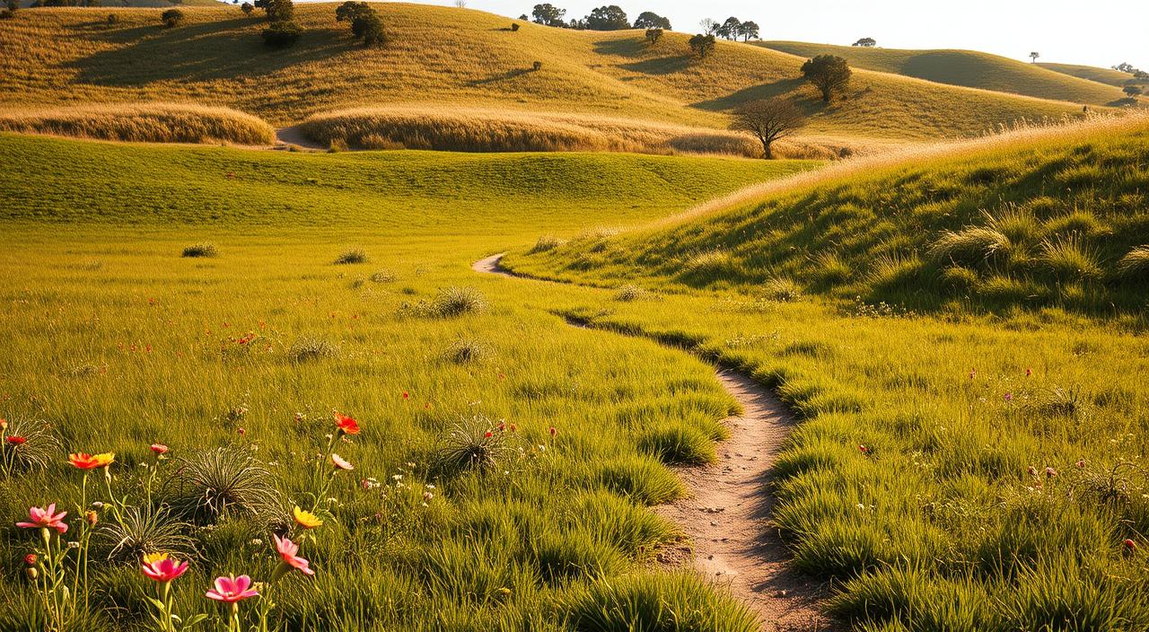 A serene open field with lush, verdant grassy areas, dotted with scattered blooming wildflowers in vibrant hues. In the middle ground, a winding dirt path meanders through the landscape, inviting exploration. The background features a gently rolling hill, its slopes adorned with a mix of tall, swaying grasses and clusters of trees casting gentle shadows. The scene is bathed in warm, golden sunlight, creating a calming and peaceful atmosphere. The camera angle is slightly elevated, capturing the expansive, scenic vista in stunning 8K HDR detail.