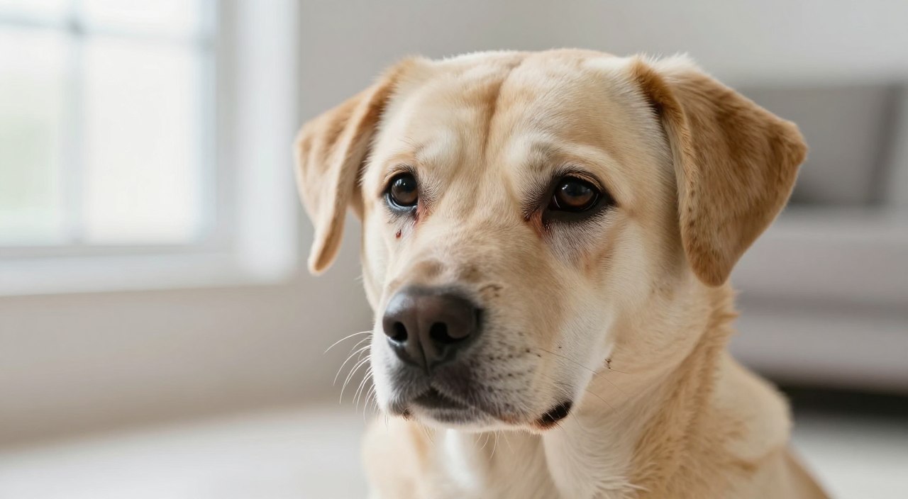 A close-up image of a medium-sized dog with noticeable tear stains under its eyes, showcasing the texture and natural fur colors. The background is softly blurred, featuring a clean, bright living space with a gentle window light illuminating the dog's face. Captured from a slight low angle to highlight the dog's expression, which is calm and gentle, conveying a warm and friendly mood. The focus should be on the delicate details of the tear stains, framing the dog's features naturally without any distractions. The setting is serene and minimalistic, emphasizing the dog’s fur and the stains, allowing for a clear understanding of the delicate care needed in sensitive areas of a dog's face. A close-up image of a medium-sized dog with noticeable tear stains under its eyes, showcasing the texture and natural fur colors. The background is softly blurred, featuring a clean, bright living space with a gentle window light illuminating the dog's face. Captured from a slight low angle to highlight the dog's expression, which is calm and gentle, conveying a warm and friendly mood. The focus should be on the delicate details of the tear stains, framing the dog's features naturally without any distractions. The setting is serene and minimalistic, emphasizing the dog’s fur and the stains, allowing for a clear understanding of the delicate care needed in sensitive areas of a dog's face.