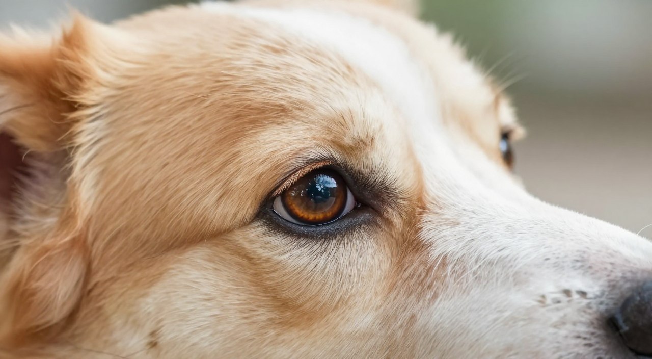 A close-up view of a dog's eye, showcasing its intricate details and textures. The foreground features the dog's eye with soft, fluffy fur surrounding it, capturing a sense of warmth and curiosity. The middle ground includes hints of the dog's face, subtly blurred to keep the focus on the eye. Soft, natural light illuminates the scene, giving the eye a reflective glimmer, while a gentle bokeh effect in the background creates a calm, serene atmosphere. The colors are warm and inviting, emphasizing the bond and trust between the dog and its caregiver. Overall, the image conveys a soothing and comforting mood, perfect for illustrating a section about proper eye care for dogs.