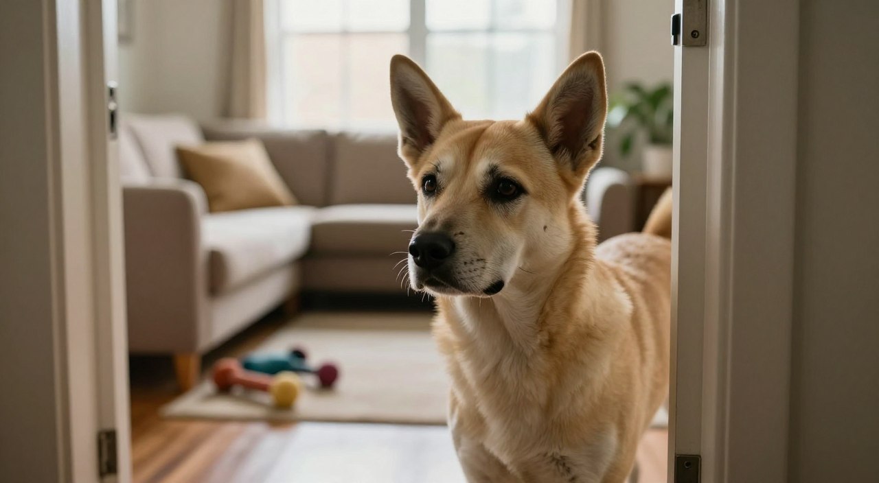 A concerned dog standing beside a closed door, its eyes filled with anxiety and longing. The foreground features the dog, a medium-sized breed with soft fur, ears perked up, and a slightly tilted head, expressing its distress over separation. In the middle ground, a cozy living room with a couch and scattered dog toys reflects a safe and familiar environment. The background captures a gentle, sunlit window that casts warm, natural light across the room, adding to the calm atmosphere. The overall mood conveys a sense of worry and vulnerability, highlighting the dog's emotional state. No people or distracting elements are present, ensuring the focus remains on the dog’s experience. A concerned dog standing beside a closed door, its eyes filled with anxiety and longing. The foreground features the dog, a medium-sized breed with soft fur, ears perked up, and a slightly tilted head, expressing its distress over separation. In the middle ground, a cozy living room with a couch and scattered dog toys reflects a safe and familiar environment. The background captures a gentle, sunlit window that casts warm, natural light across the room, adding to the calm atmosphere. The overall mood conveys a sense of worry and vulnerability, highlighting the dog's emotional state. No people or distracting elements are present, ensuring the focus remains on the dog’s experience.