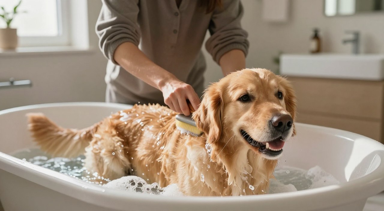A cozy indoor scene featuring a golden retriever enjoying a bath in a large, shallow tub. The foreground shows the dog playfully splashing water, with bubbles forming around it. In the middle, a person in a modest casual outfit gently scrubs the dog's fur with a soft brush, conveying care and attention. The background is softly lit, with warm natural light streaming in through a window, highlighting a clean and organized bathroom with gentle earth tones. The atmosphere is calm and comforting, emphasizing a winter bathing routine. The lens captures the moment from a slightly elevated angle, showcasing both the dog and the person, focusing on their joyful expressions without distractions or clutter. A cozy indoor scene featuring a golden retriever enjoying a bath in a large, shallow tub. The foreground shows the dog playfully splashing water, with bubbles forming around it. In the middle, a person in a modest casual outfit gently scrubs the dog's fur with a soft brush, conveying care and attention. The background is softly lit, with warm natural light streaming in through a window, highlighting a clean and organized bathroom with gentle earth tones. The atmosphere is calm and comforting, emphasizing a winter bathing routine. The lens captures the moment from a slightly elevated angle, showcasing both the dog and the person, focusing on their joyful expressions without distractions or clutter.