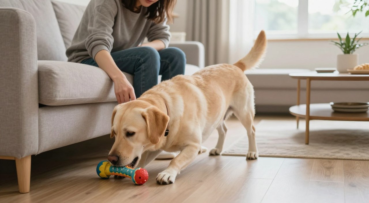 A cozy living room scene featuring a playful medium-sized dog, such as a Labrador, attempting to chew on a piece of furniture, with visible signs of gentle human intervention. In the foreground, a colorful dog chew toy is placed enticingly on the floor. In the middle, a concerned but calm owner, dressed in casual clothing, gently redirects the dog's attention towards the toy. In the background, the well-lit room has soft natural light coming through a window, illuminating plush furnishings and a stylish coffee table. The atmosphere is serene, emphasizing a bond between the dog and its owner in a clean, inviting setting that reflects positive training techniques and companionship. A cozy living room scene featuring a playful medium-sized dog, such as a Labrador, attempting to chew on a piece of furniture, with visible signs of gentle human intervention. In the foreground, a colorful dog chew toy is placed enticingly on the floor. In the middle, a concerned but calm owner, dressed in casual clothing, gently redirects the dog's attention towards the toy. In the background, the well-lit room has soft natural light coming through a window, illuminating plush furnishings and a stylish coffee table. The atmosphere is serene, emphasizing a bond between the dog and its owner in a clean, inviting setting that reflects positive training techniques and companionship.