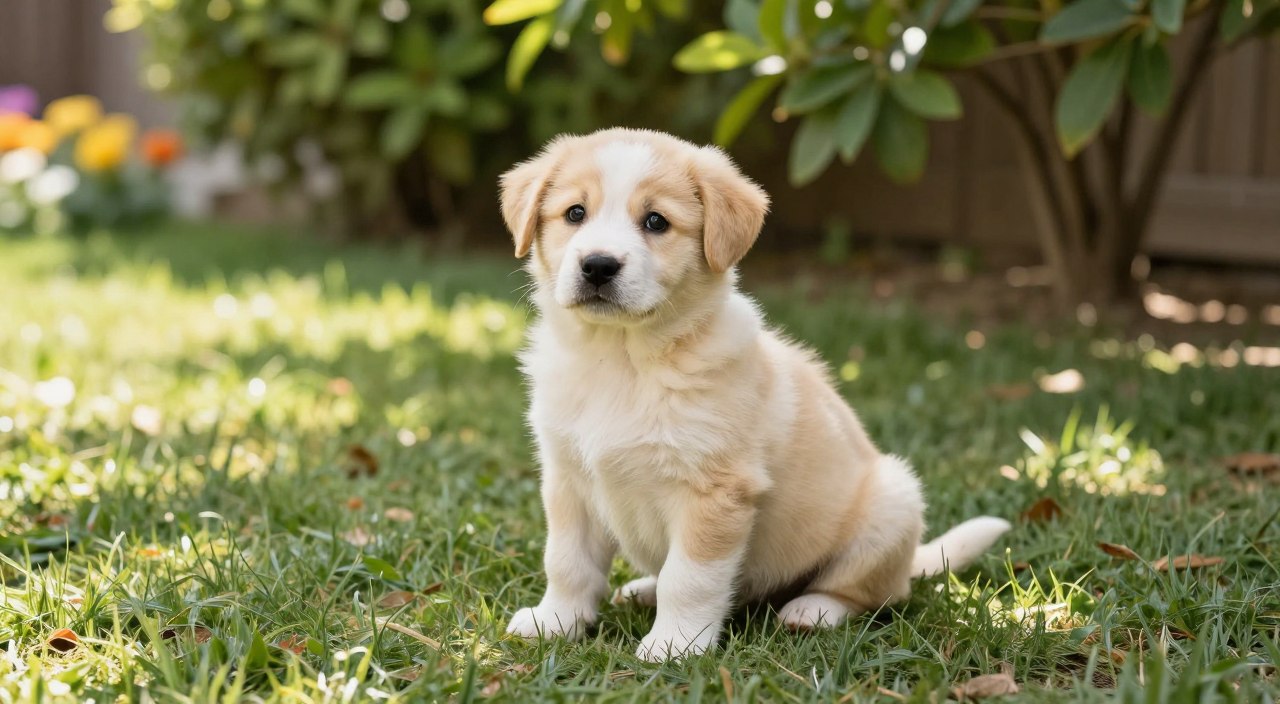 A gentle, fluffy puppy sitting on a soft, grassy area in a clean and serene outdoor setting. The puppy, with big, curious eyes and a slightly tilted head, looks both playful and calm, showcasing a warm beige and white coat. Sunlight filters through the leafy trees above, creating dappled light patterns on the ground, enhancing the tranquil atmosphere. In the background, there are blurred hints of colorful flowers and leafy bushes, contributing to a sense of warmth and safety. The overall mood is peaceful and inviting, emphasizing the importance of a safe environment for young dogs. The image should evoke feelings of comfort and care, perfect for conveying a sense of security for puppies. A gentle, fluffy puppy sitting on a soft, grassy area in a clean and serene outdoor setting. The puppy, with big, curious eyes and a slightly tilted head, looks both playful and calm, showcasing a warm beige and white coat. Sunlight filters through the leafy trees above, creating dappled light patterns on the ground, enhancing the tranquil atmosphere. In the background, there are blurred hints of colorful flowers and leafy bushes, contributing to a sense of warmth and safety. The overall mood is peaceful and inviting, emphasizing the importance of a safe environment for young dogs. The image should evoke feelings of comfort and care, perfect for conveying a sense of security for puppies.