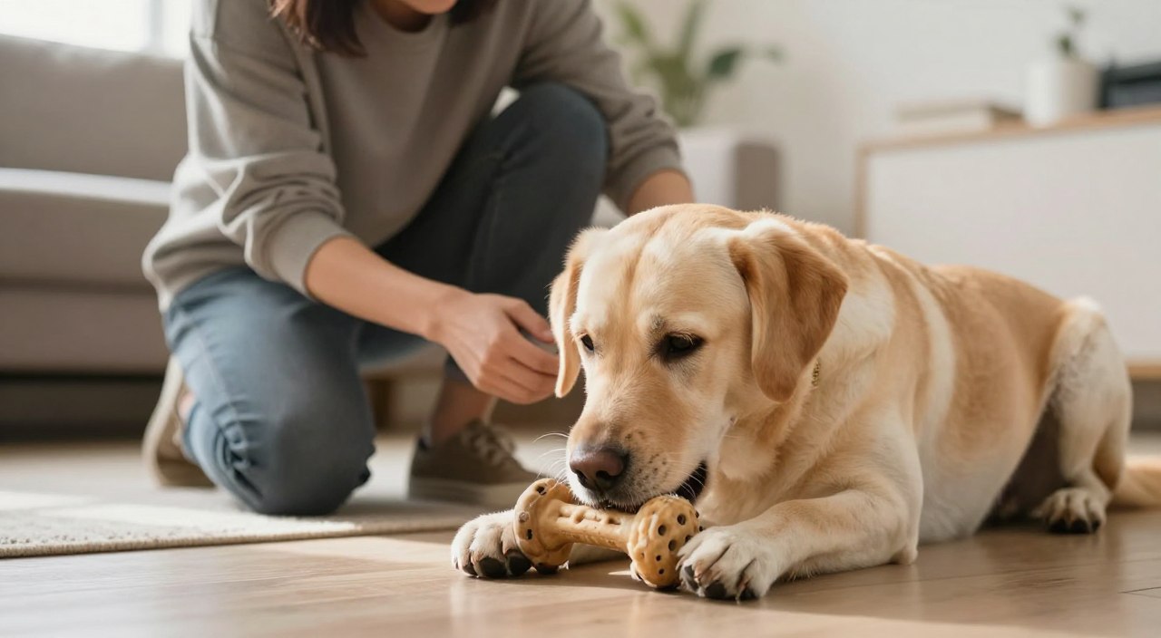 A serene indoor environment with a well-groomed medium-sized dog, perhaps a Labrador, calmly chewing on a durable, safe chew toy in the foreground. The dog looks relaxed and focused, embodying the concept of positive reinforcement in training. In the middle ground, a trainer, dressed in modest casual clothing, gently encourages the dog with a cheerful and supportive demeanor, reinforcing calm behavior. In the background, there’s a hint of a well-kept living room with tasteful furniture, providing context without distractions. Soft, natural light filters in through a window, casting a warm glow that enhances the calm atmosphere. The scene conveys a feeling of harmony and effective training techniques, showcasing a positive interaction between the dog and its trainer. A serene indoor environment with a well-groomed medium-sized dog, perhaps a Labrador, calmly chewing on a durable, safe chew toy in the foreground. The dog looks relaxed and focused, embodying the concept of positive reinforcement in training. In the middle ground, a trainer, dressed in modest casual clothing, gently encourages the dog with a cheerful and supportive demeanor, reinforcing calm behavior. In the background, there’s a hint of a well-kept living room with tasteful furniture, providing context without distractions. Soft, natural light filters in through a window, casting a warm glow that enhances the calm atmosphere. The scene conveys a feeling of harmony and effective training techniques, showcasing a positive interaction between the dog and its trainer.