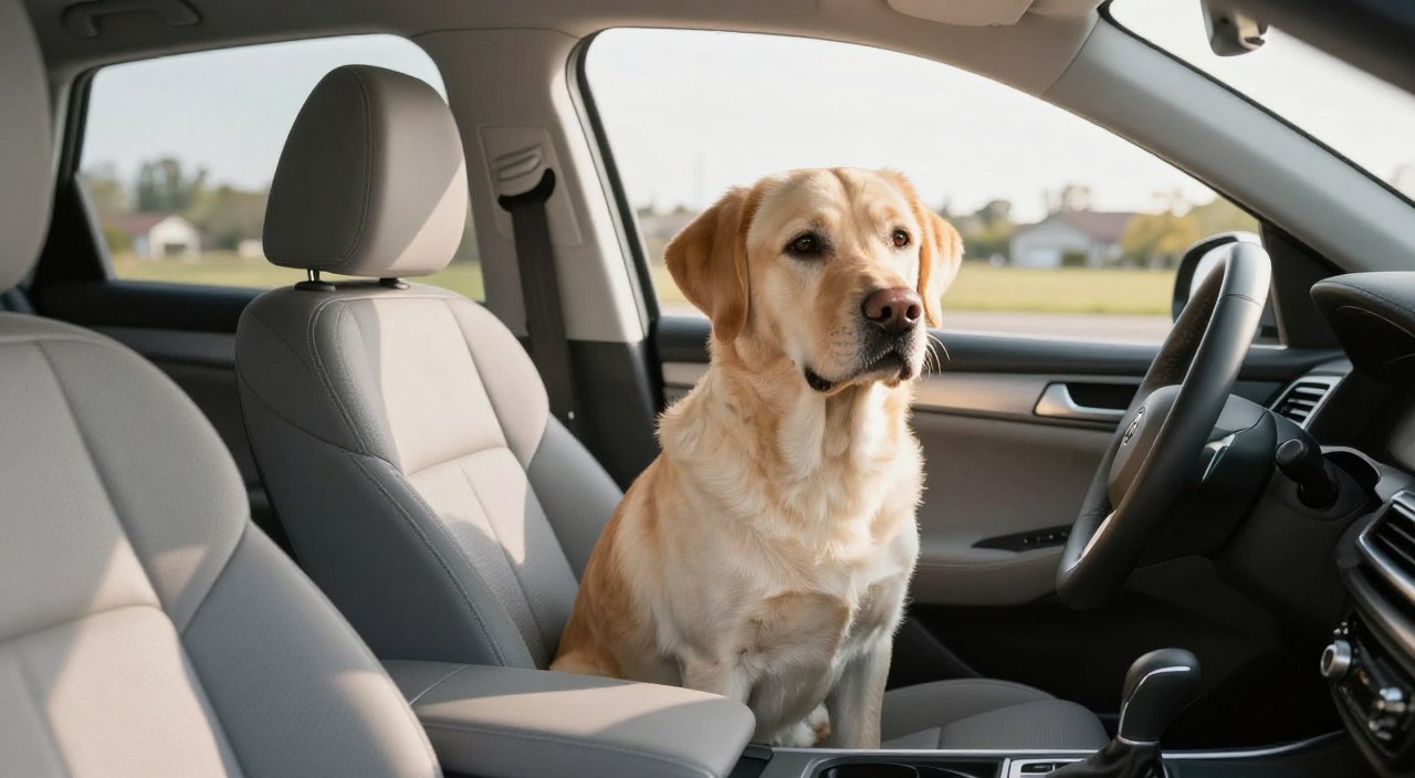 A serene interior of a car, focusing on a calm dog sitting in the passenger seat. The dog, a medium-sized Labrador Retriever, looks relaxed with its ears perked up, signaling comfort. Sunlight streams through the car windows, creating a warm and inviting atmosphere. The front seats are tidy and the dashboard is modern yet simple, emphasizing a clean setting. In the background, the blurred outline of a suburban landscape can be seen through the windows, hinting at an outdoor environment. The overall mood is one of tranquility and readiness, showcasing the importance of desensitization for dogs in a car setting. A serene interior of a car, focusing on a calm dog sitting in the passenger seat. The dog, a medium-sized Labrador Retriever, looks relaxed with its ears perked up, signaling comfort. Sunlight streams through the car windows, creating a warm and inviting atmosphere. The front seats are tidy and the dashboard is modern yet simple, emphasizing a clean setting. In the background, the blurred outline of a suburban landscape can be seen through the windows, hinting at an outdoor environment. The overall mood is one of tranquility and readiness, showcasing the importance of desensitization for dogs in a car setting.