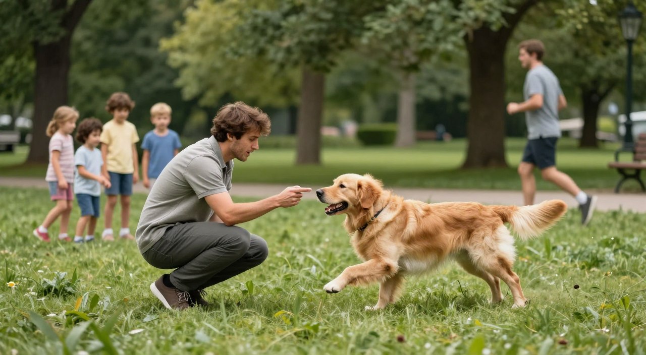 A serene park setting bathed in soft, natural light, featuring a focused trainer crouched down in the foreground, wearing modest casual clothing. The trainer is calling their dog, a joyful golden retriever, who is mid-sprint towards them, showcasing its enthusiasm and clear recall command. In the middle ground, other distractions like a group of playful children and a jogger are present, but the dog's attention remains on the trainer, highlighting its trained response. The background reveals lush green trees and a gentle pathway, creating a tranquil yet engaging atmosphere. The scene captures a calm and inviting mood, emphasizing the successful connection between the trainer and the dog against real-world distractions. A serene park setting bathed in soft, natural light, featuring a focused trainer crouched down in the foreground, wearing modest casual clothing. The trainer is calling their dog, a joyful golden retriever, who is mid-sprint towards them, showcasing its enthusiasm and clear recall command. In the middle ground, other distractions like a group of playful children and a jogger are present, but the dog's attention remains on the trainer, highlighting its trained response. The background reveals lush green trees and a gentle pathway, creating a tranquil yet engaging atmosphere. The scene captures a calm and inviting mood, emphasizing the successful connection between the trainer and the dog against real-world distractions.